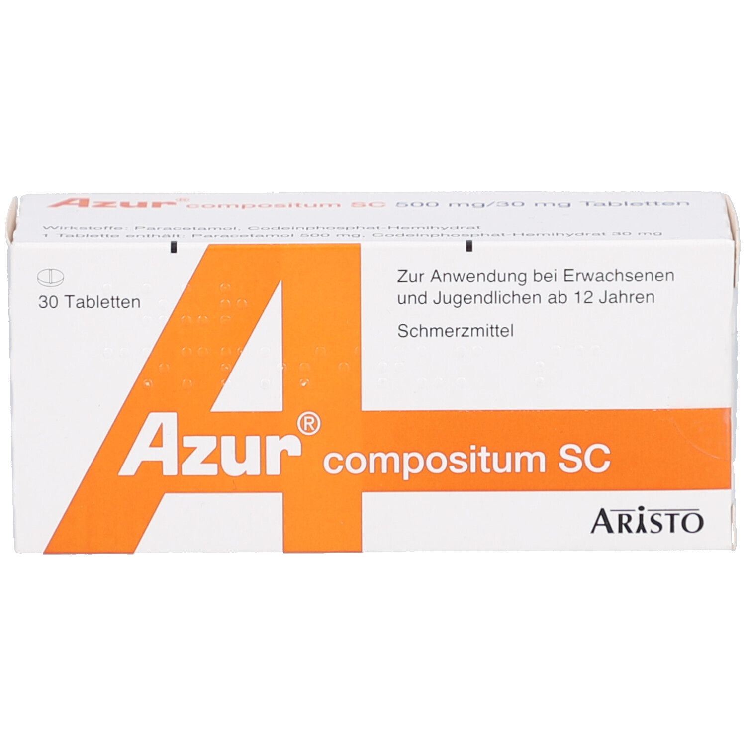 Schachtel "Azur compositum SC" Tabletten. Orangefarbener "A"-Buchstabe. "ARISTO"-Logo. 30 Tabletten.