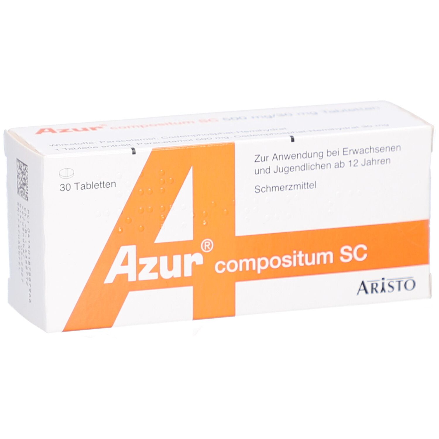 Schachtel "Azur compositum SC" Tabletten. Orangefarbener "A"-Buchstabe. "ARISTO"-Logo. 30 Tabletten.