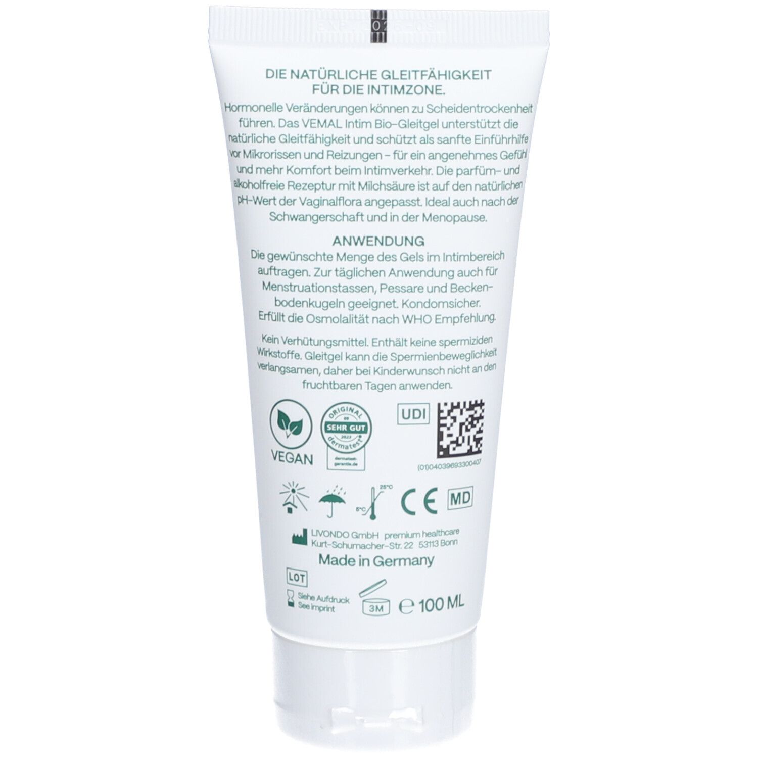 Rückseite der Tube. Text: Anwendung, Inhaltsstoffe, Vegan-Siegel, UDI-Code, CE-Kennzeichnung, MD-Kennzeichnung.