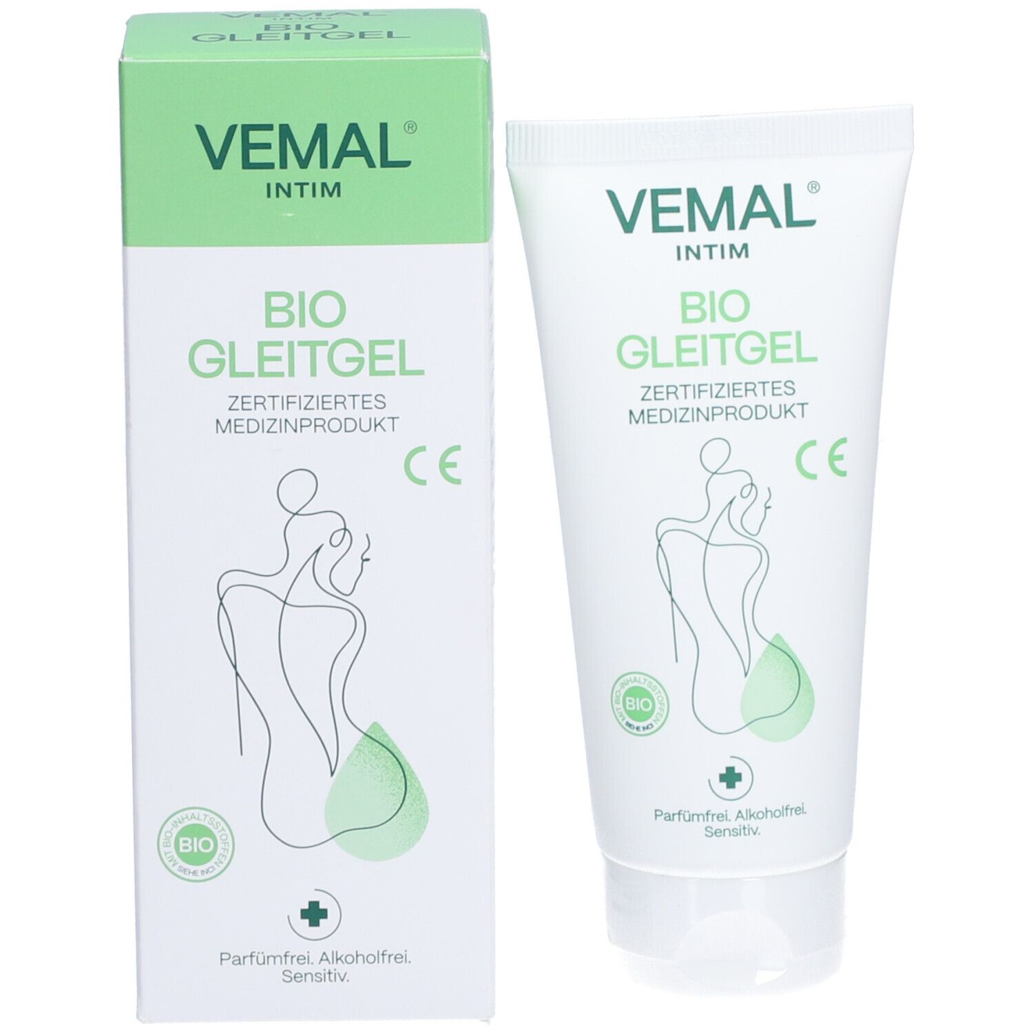 Tube und Schachtel mit Produktnamen und Logo. Bio Gleitgel, zertifiziertes Medizinprodukt. Abbildung einer Frau.