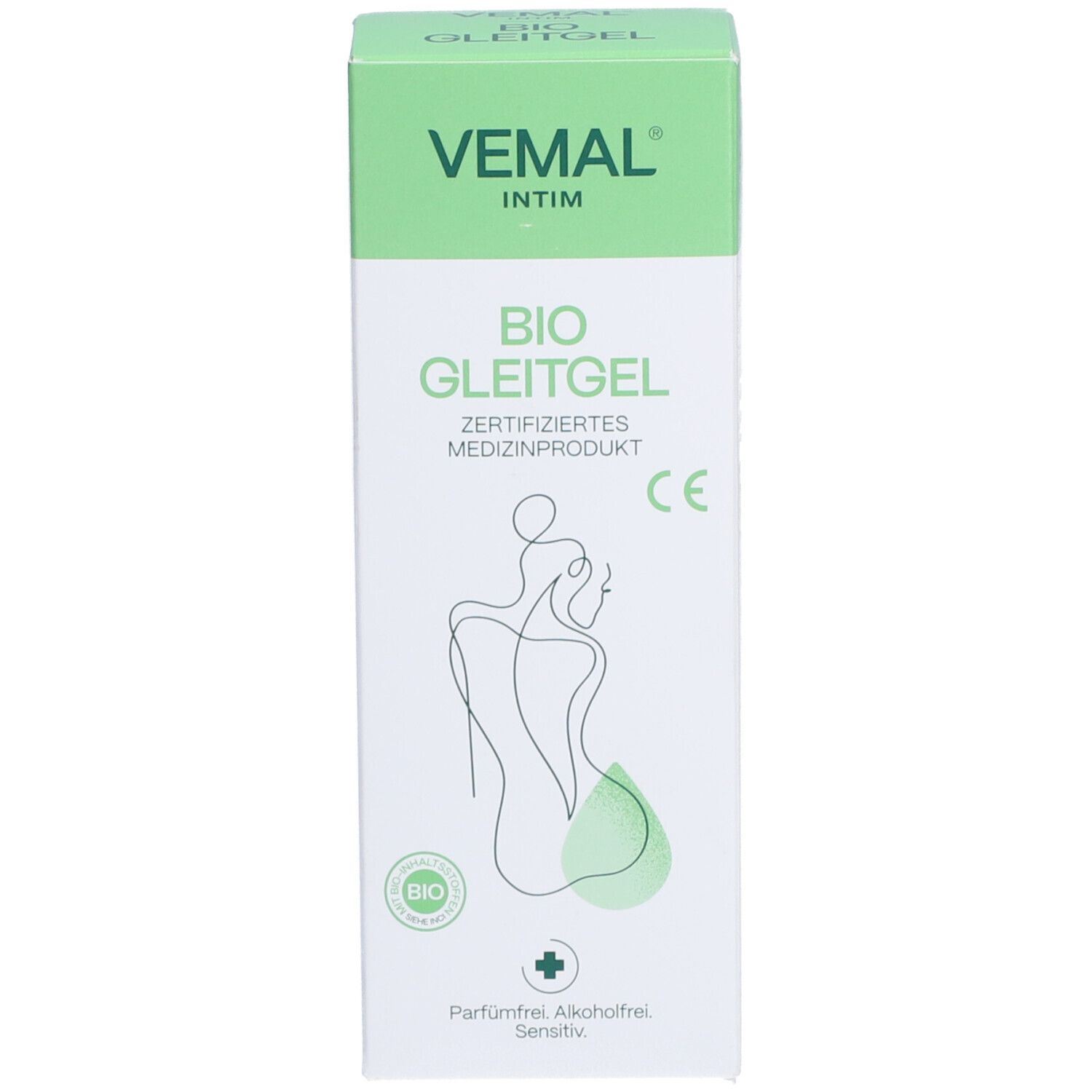 Schachtel mit Produktnamen und Logo. Bio Gleitgel, zertifiziertes Medizinprodukt. Abbildung einer Frau.