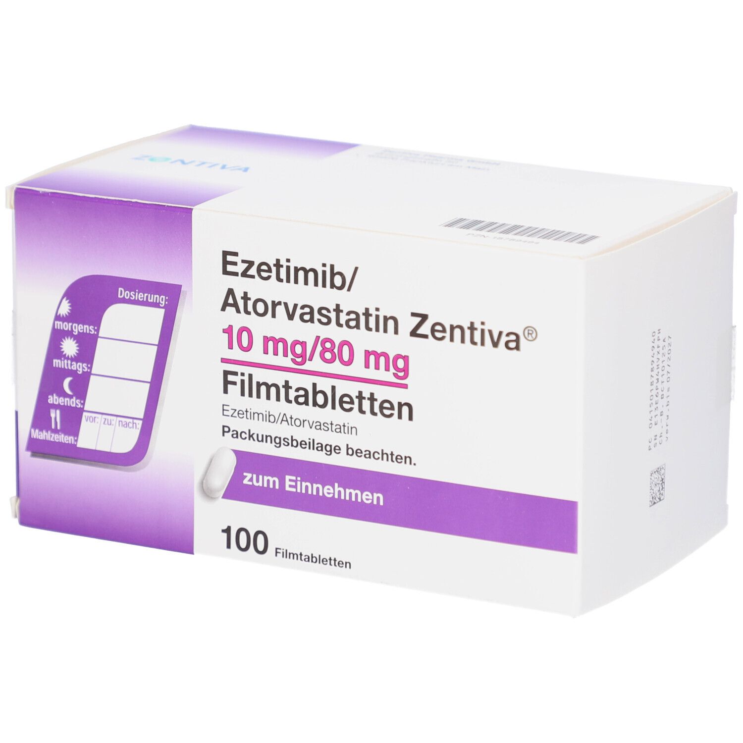 Schachtel mit EZETIMIB/Atorvastatin Zentiva 10 mg/80 mg Filmtab. Aufschrift: 100 Filmtabletten. Lila und weiße Verpackung.