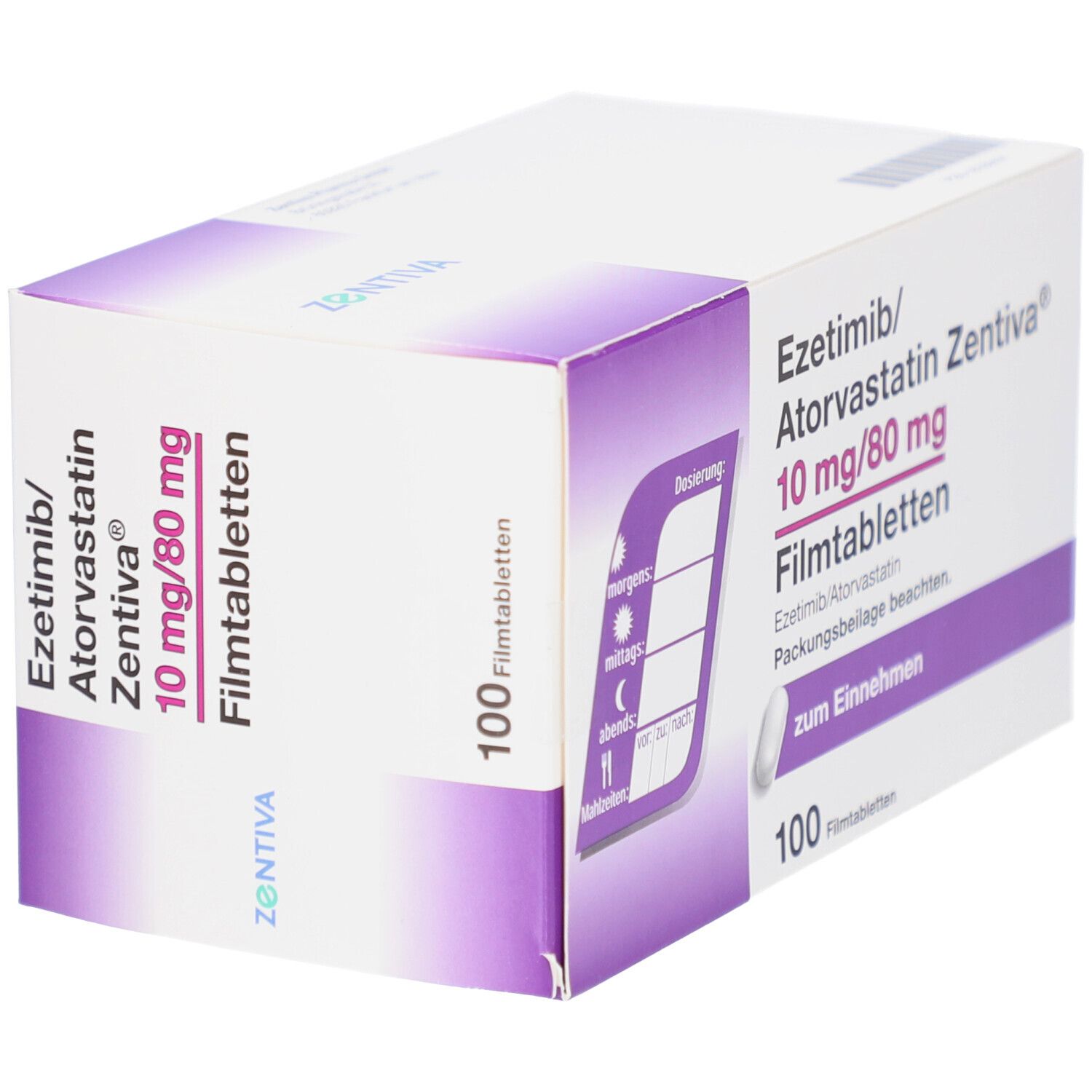 Schachtel mit EZETIMIB/Atorvastatin Zentiva 10 mg/80 mg Filmtab. Aufschrift: 100 Filmtabletten. Lila und weiße Verpackung.