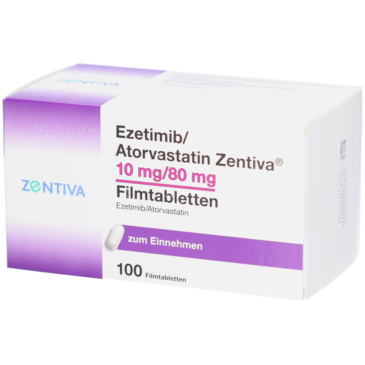 Schachtel mit EZETIMIB/Atorvastatin Zentiva 10 mg/80 mg Filmtab. Aufschrift: 100 Filmtabletten. Lila und weiße Verpackung.