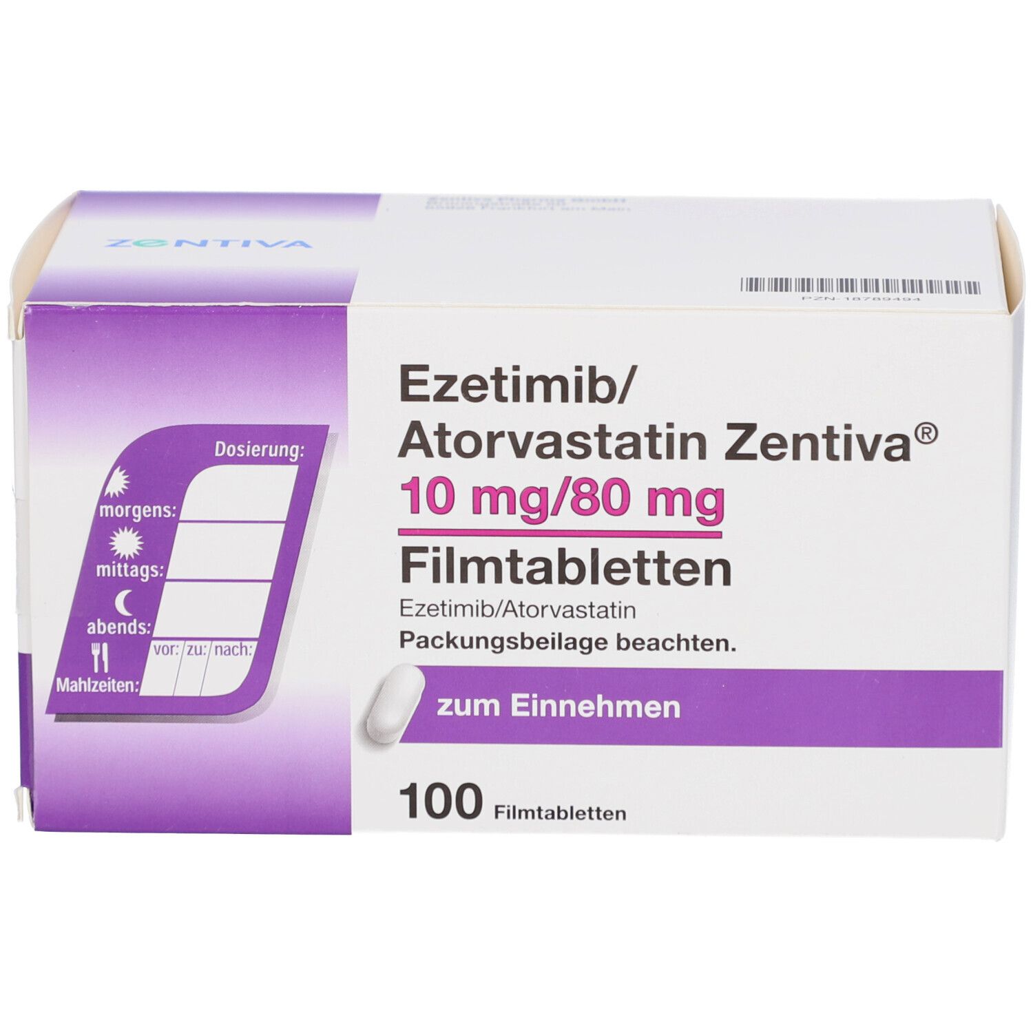 Schachtel mit EZETIMIB/Atorvastatin Zentiva 10 mg/80 mg Filmtab. Aufschrift: 100 Filmtabletten. Lila und weiße Verpackung.