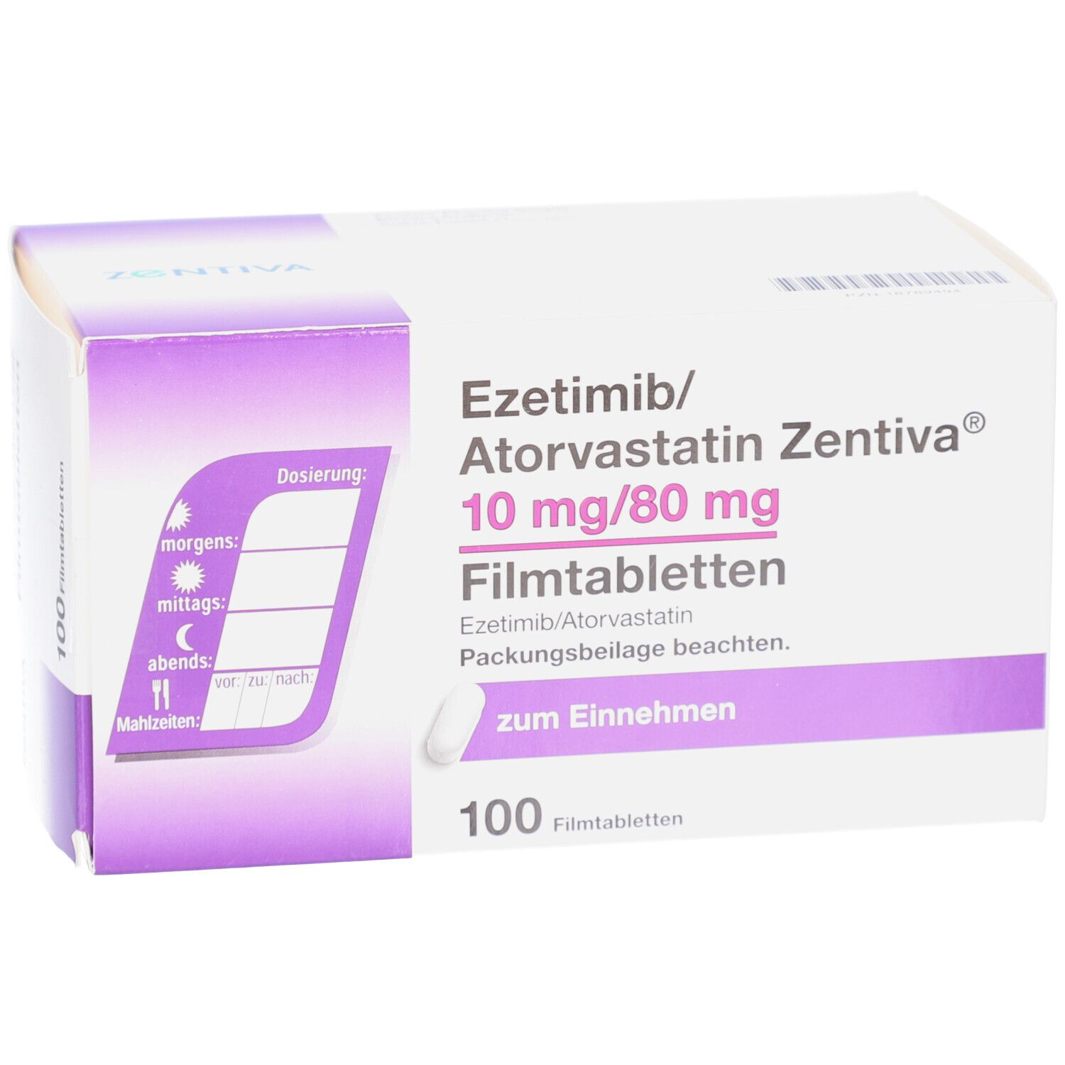 Schachtel mit EZETIMIB/Atorvastatin Zentiva 10 mg/80 mg Filmtab. Aufschrift: 100 Filmtabletten. Lila und weiße Verpackung.
