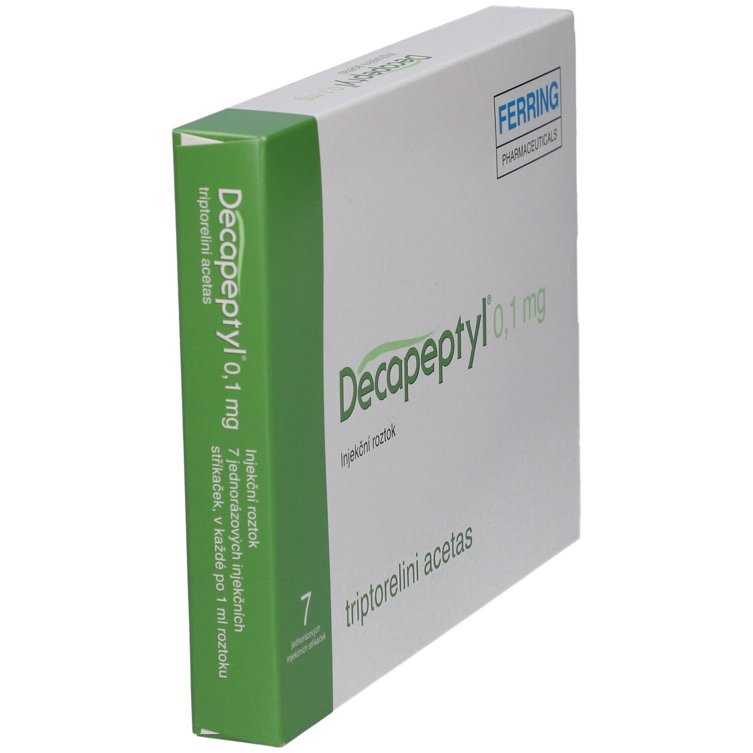 DECAPEPTYL 0,1 mg Verpackung, schräg. Weißer Karton mit grünen Akzenten. Logo Ferring Pharmaceuticals.