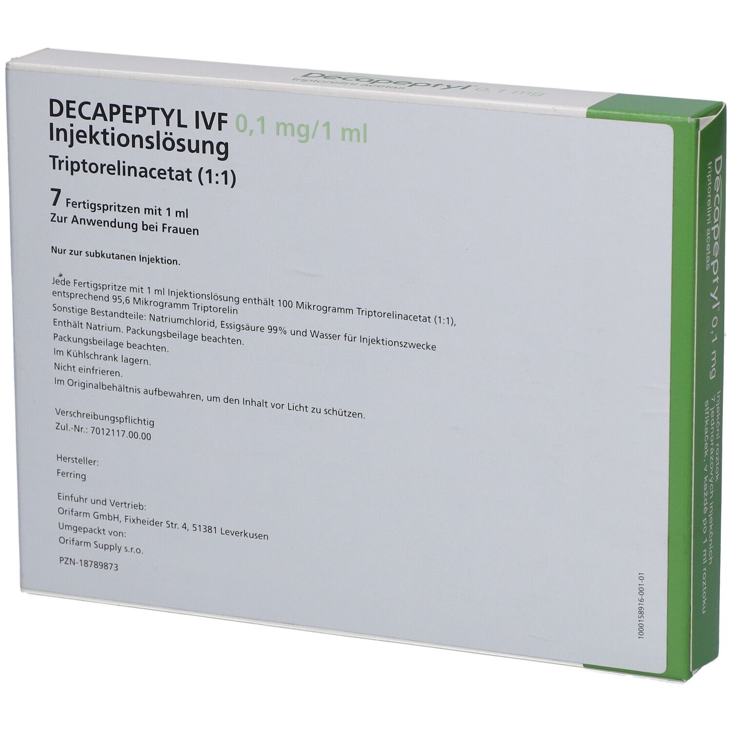 Rückseite der DECAPEPTYL 0,1 mg Verpackung. Textinformationen, Logo Ferring Pharmaceuticals.