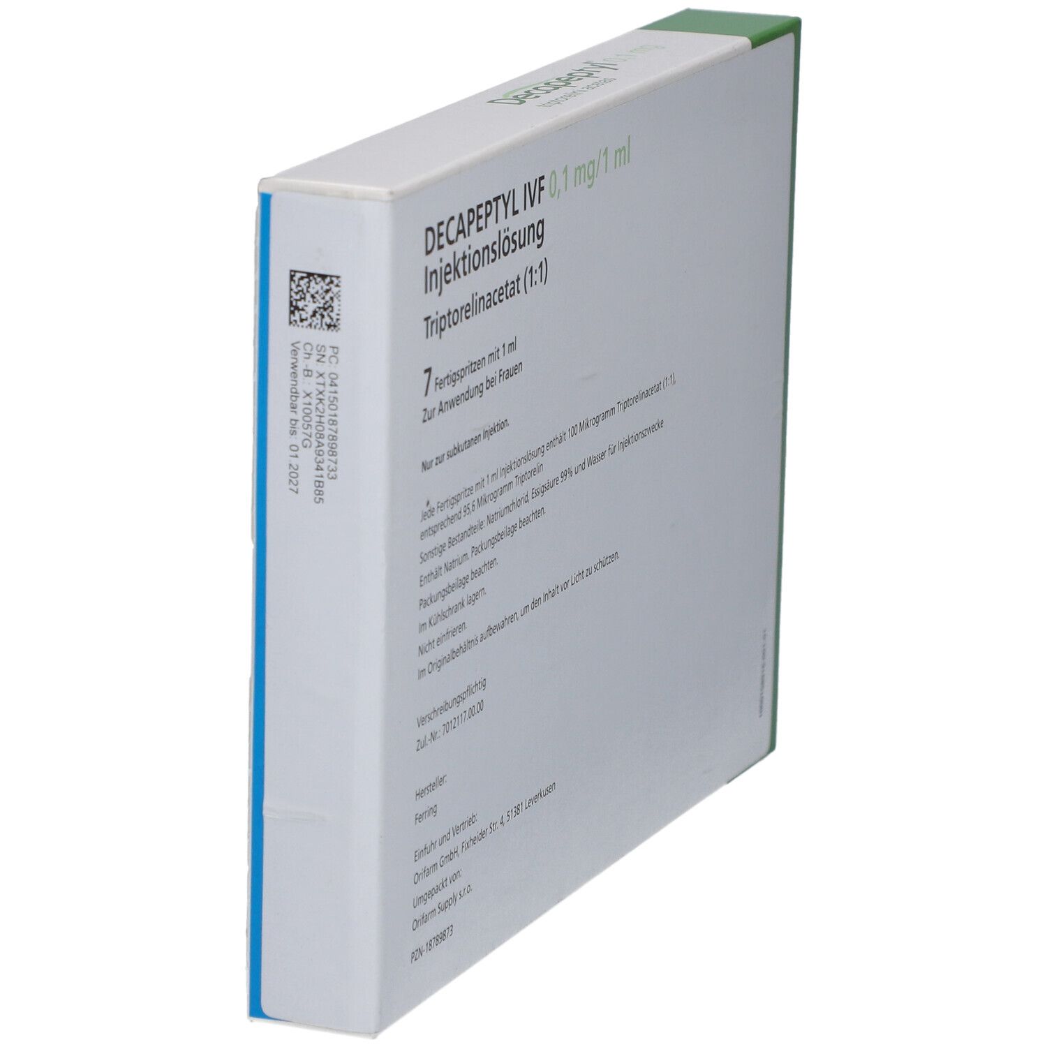 DECAPEPTYL 0,1 mg Verpackung, schräg. Rückseite mit Text. Logo Ferring Pharmaceuticals.
