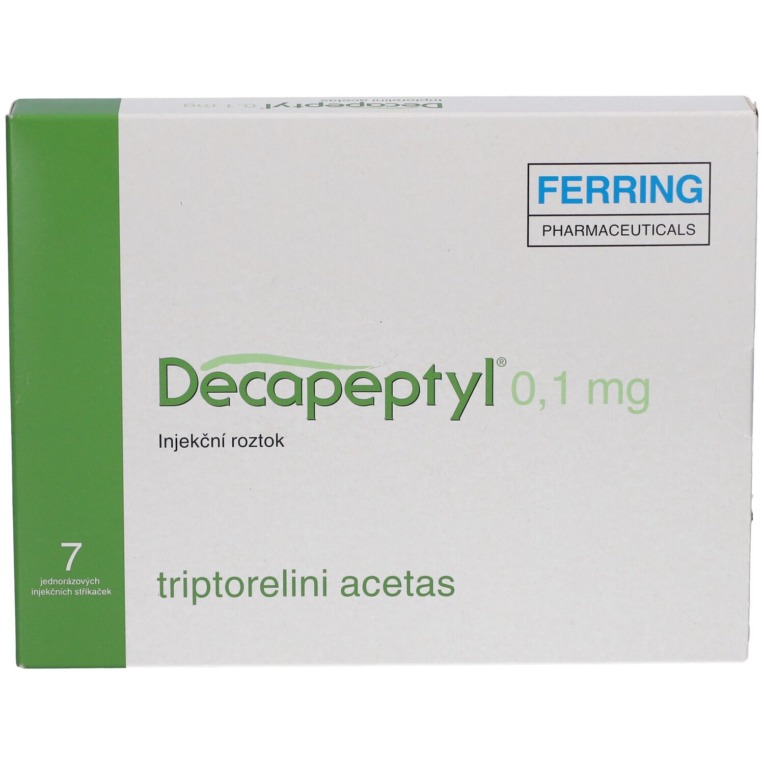 DECAPEPTYL 0,1 mg Verpackung. Weißer Karton mit grünen Akzenten. Logo Ferring Pharmaceuticals.