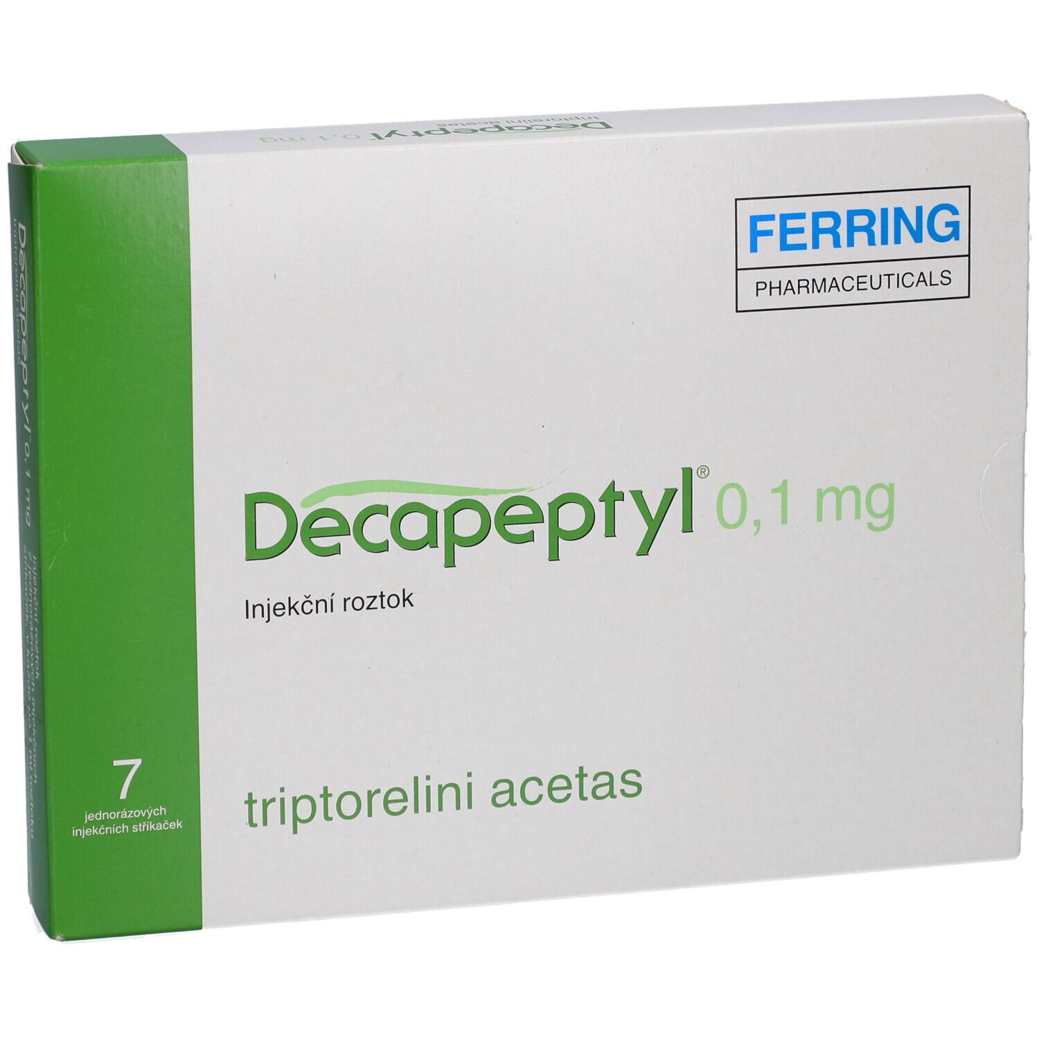 DECAPEPTYL 0,1 mg Verpackung. Weißer Karton mit grünen Akzenten. Logo Ferring Pharmaceuticals.