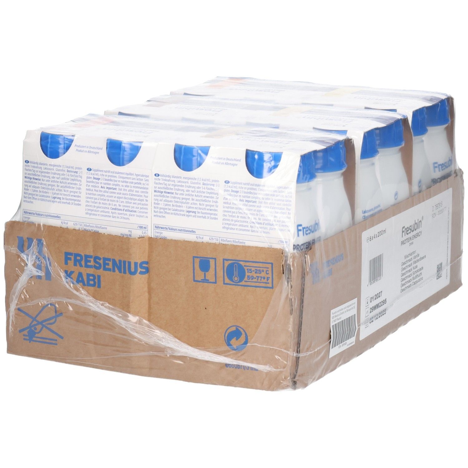 Karton mit 24 Trinkflaschen. FRESUBIN PROTEIN ENERGY. 6x4x200ml. Blaue Deckel, weiße Flaschen. Verpackt in Folie.