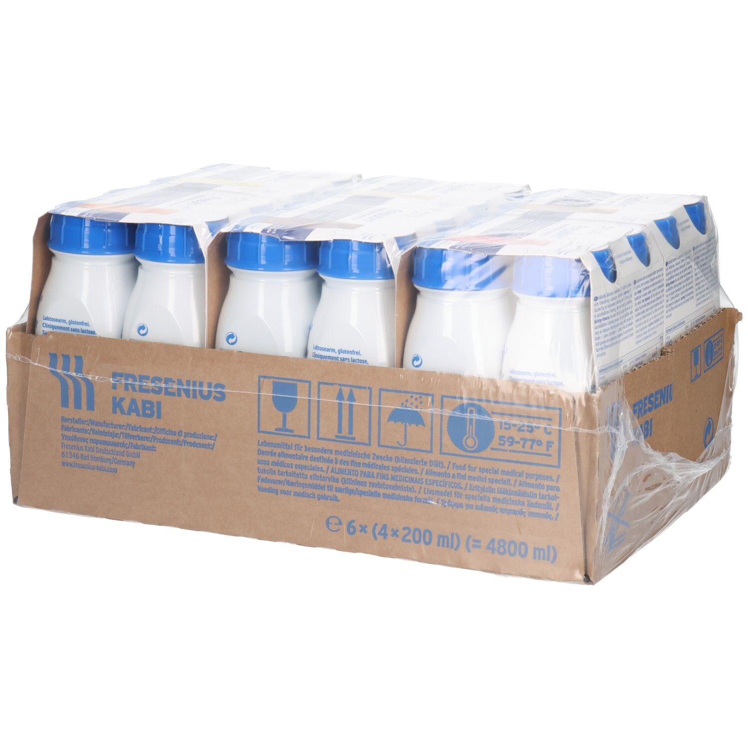 Karton mit 24 Trinkflaschen. FRESUBIN PROTEIN ENERGY, 6x4x200ml. Blaue Deckel, weiße Flaschen. Fresenius Kabi Logo.