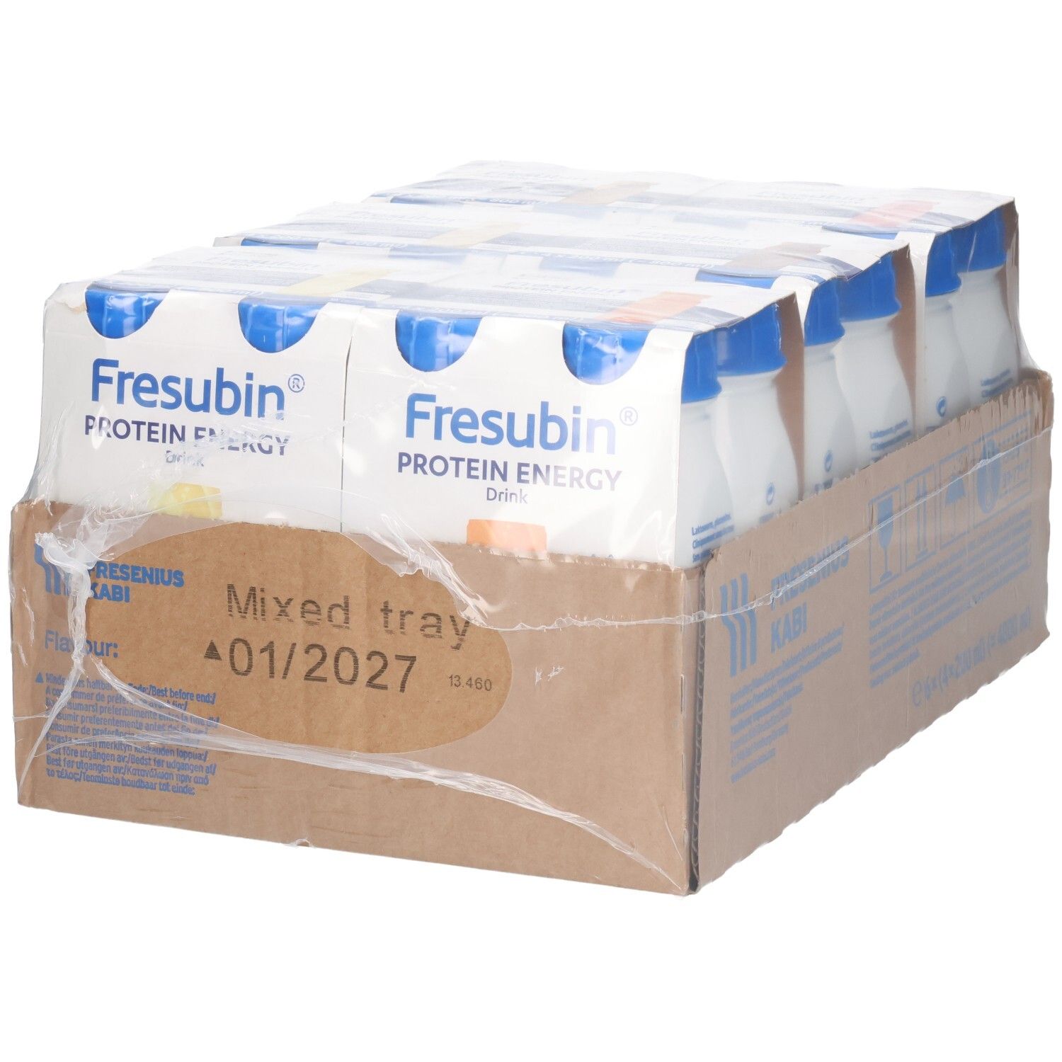 Karton mit 24 Trinkflaschen. FRESUBIN PROTEIN ENERGY. Mixed tray. MHD 01/2027. Blaue Deckel, weiße Flaschen.