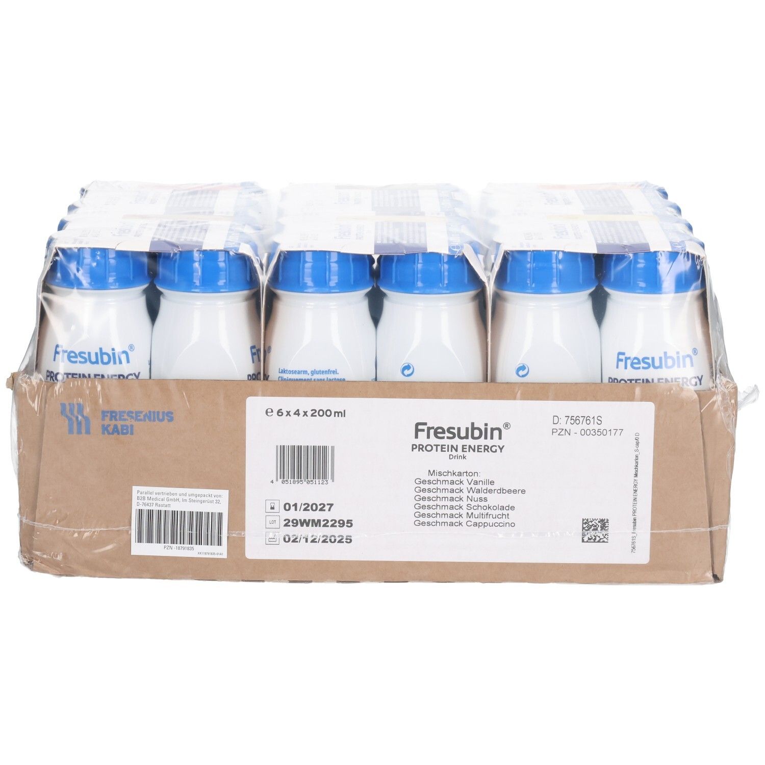 Karton mit 24 Trinkflaschen. FRESUBIN PROTEIN ENERGY, 6x4x200ml. Blaue Deckel, weiße Flaschen. MHD 02/12/2025.