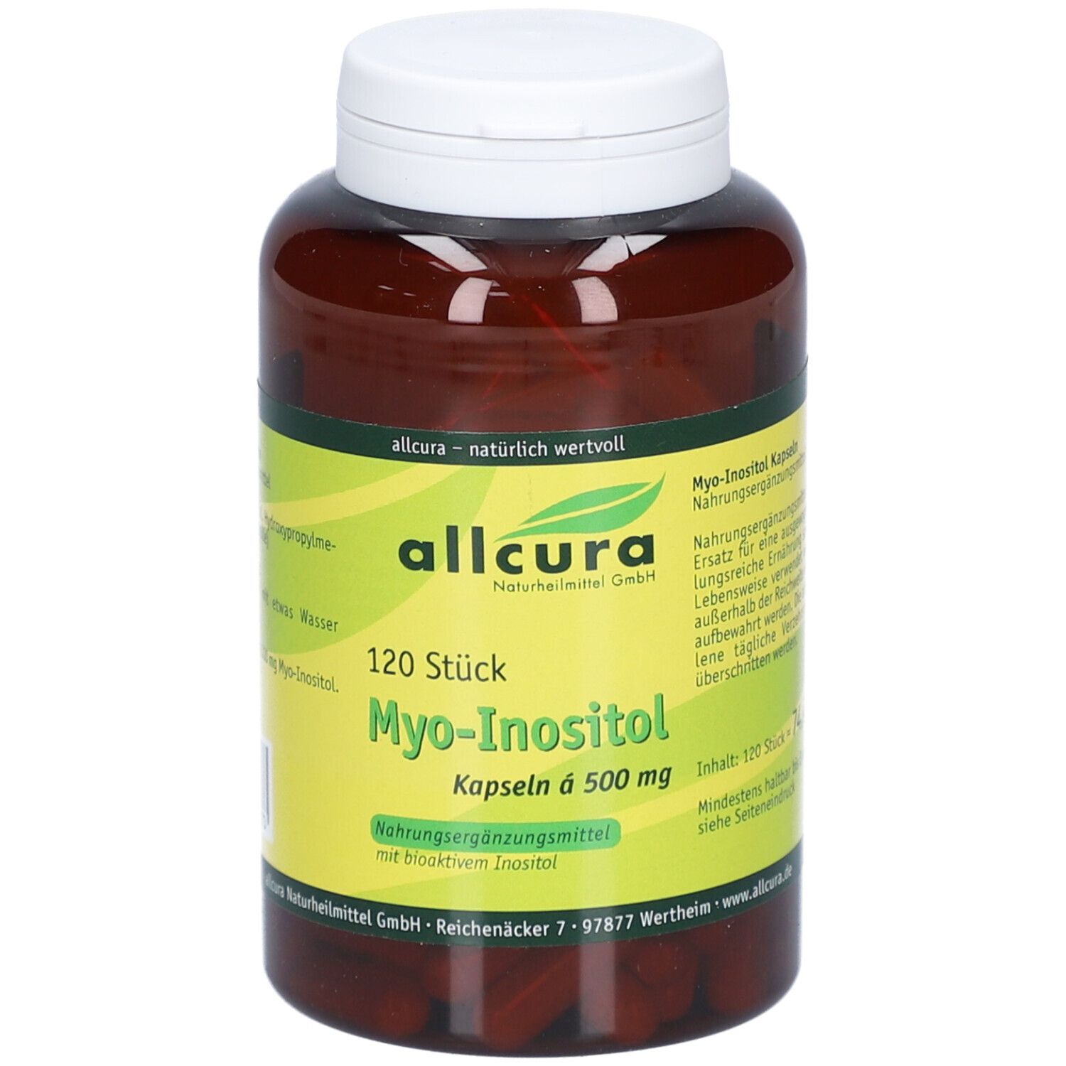 Braune Flasche mit weißen Deckel. Aufkleber mit Produktinformationen: 120 Stück Myo-Inositol Kapseln 500 mg. Marke: allcura.