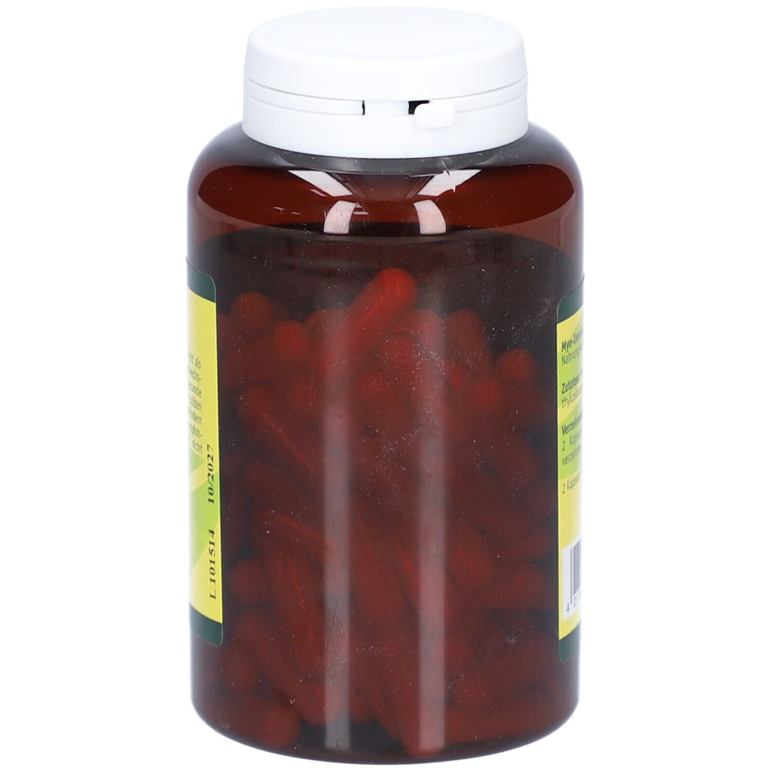 Braune Flasche mit weißem Deckel. Sichtbar sind rote Kapseln. Aufkleber mit Produktinformationen. Marke: allcura.