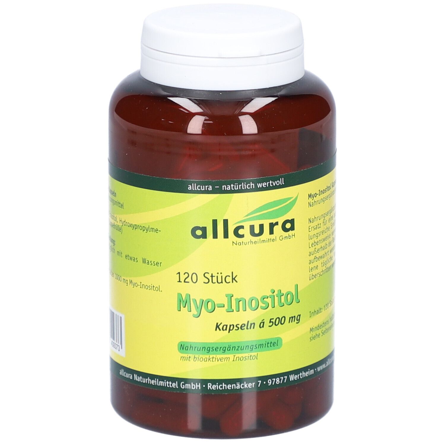 Braune Flasche mit weißem Deckel. Aufkleber mit Produktinformationen: 120 Stück Myo-Inositol Kapseln 500 mg. Marke: allcura.