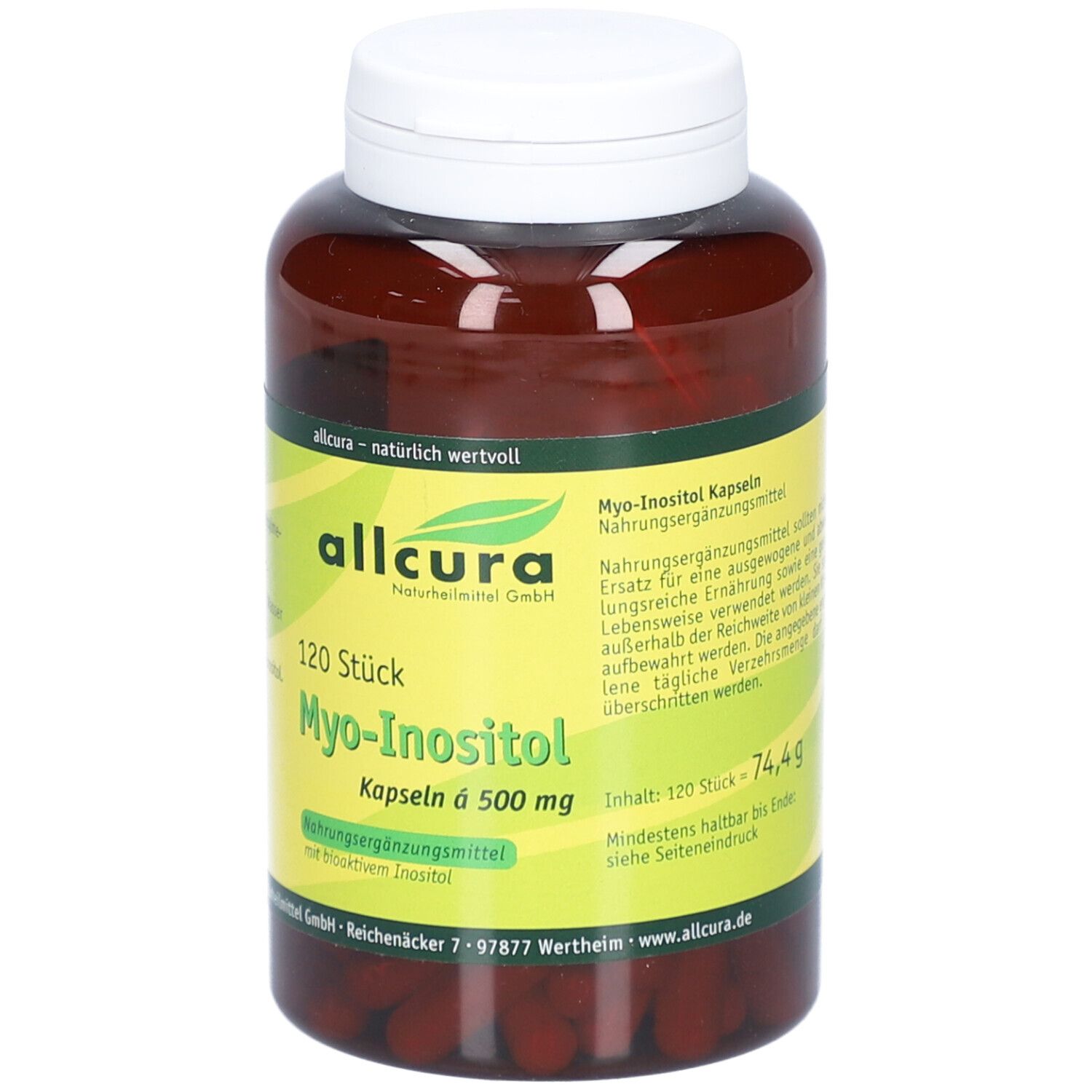 Braune Flasche mit weißem Deckel. Aufkleber mit Produktinformationen: 120 Stück Myo-Inositol Kapseln 500 mg. Marke: allcura.