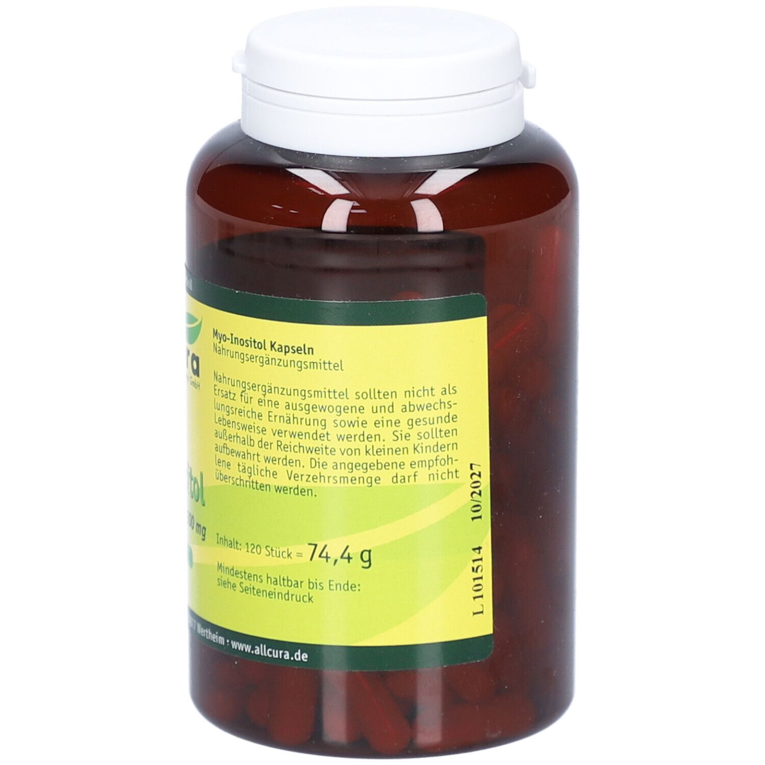 Braune Flasche mit weißem Deckel. Aufkleber mit Produktinformationen: 120 Stück Myo-Inositol Kapseln 500 mg. Marke: allcura.