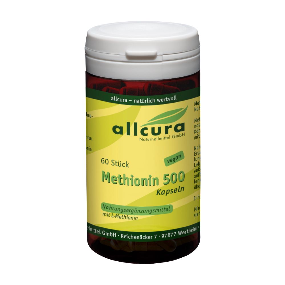 Weißes Pillendose mit braunen Kapseln. Aufschrift: allcura Methionin 500 Kapseln, 60 Stück, vegan.