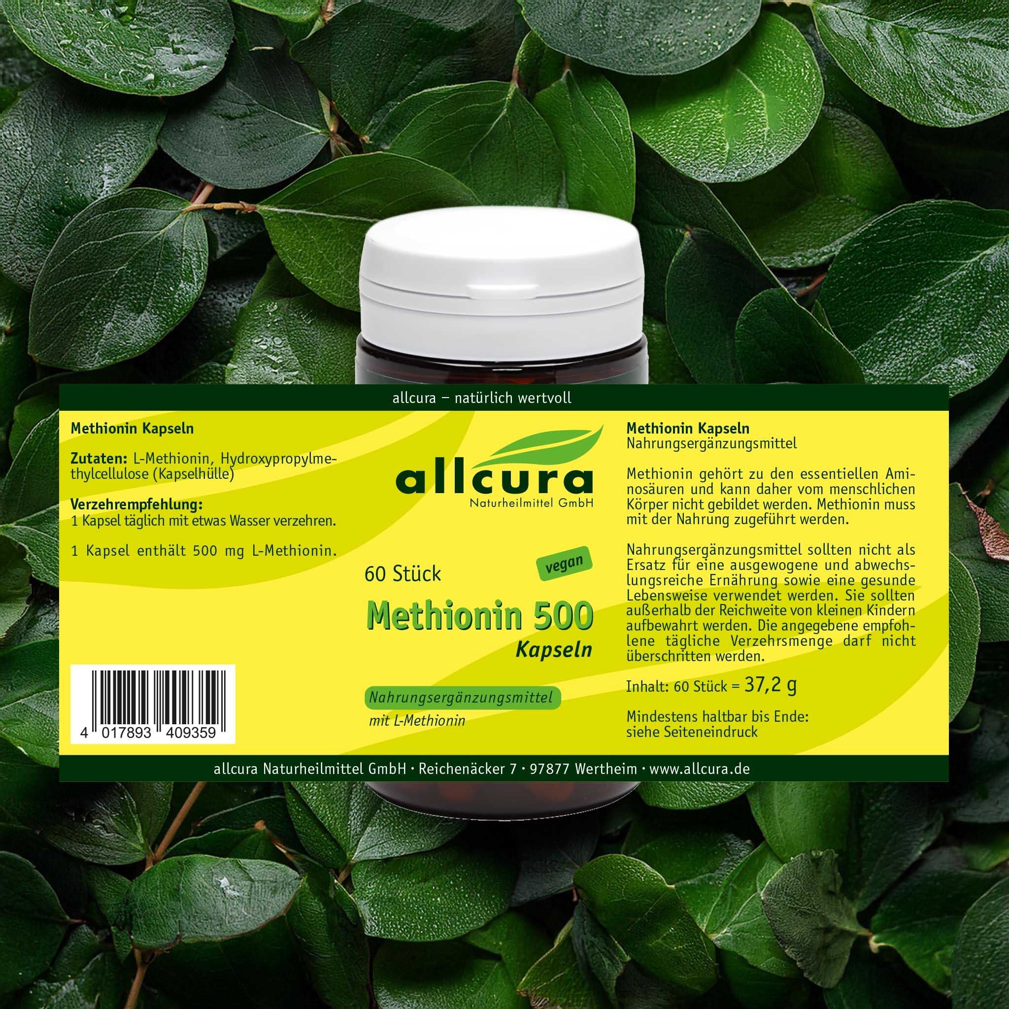 Pillendose mit Etikett vor Blättern. Aufschrift: allcura Methionin 500 Kapseln, 60 Stück. Enthält L-Methionin.