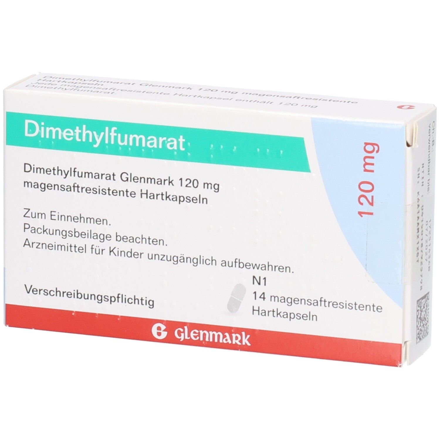 Schachtel mit Dimethylfumarat Glenmark 120 mg. Aufschrift: magensaftresistente Hartkapseln. Marke Glenmark. 14 Kapseln.