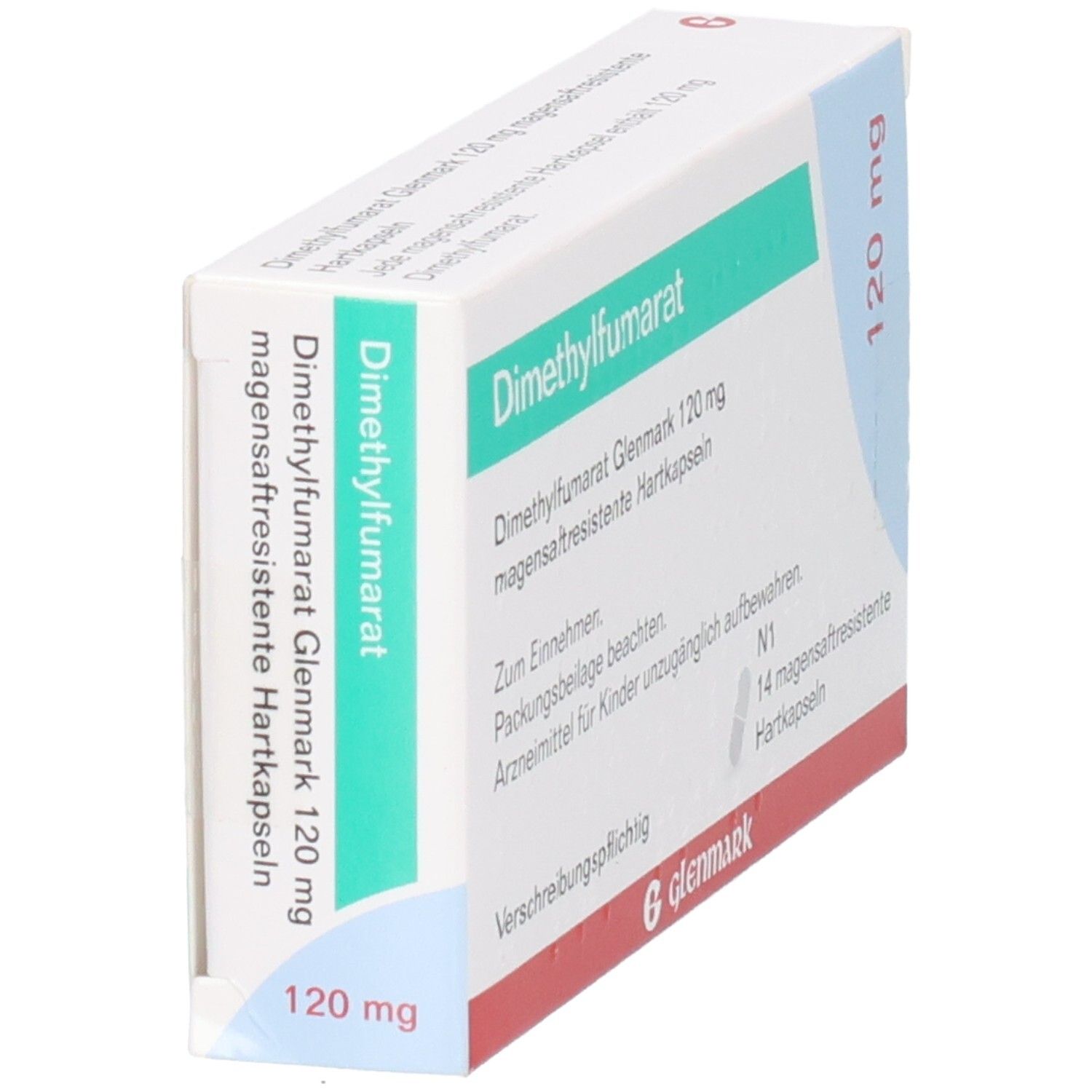 Schachtel Dimethylfumarat Glenmark 120 mg. Aufschrift: magensaftresistente Hartkapseln. Marke Glenmark. 14 Kapseln. Ansicht schräg.