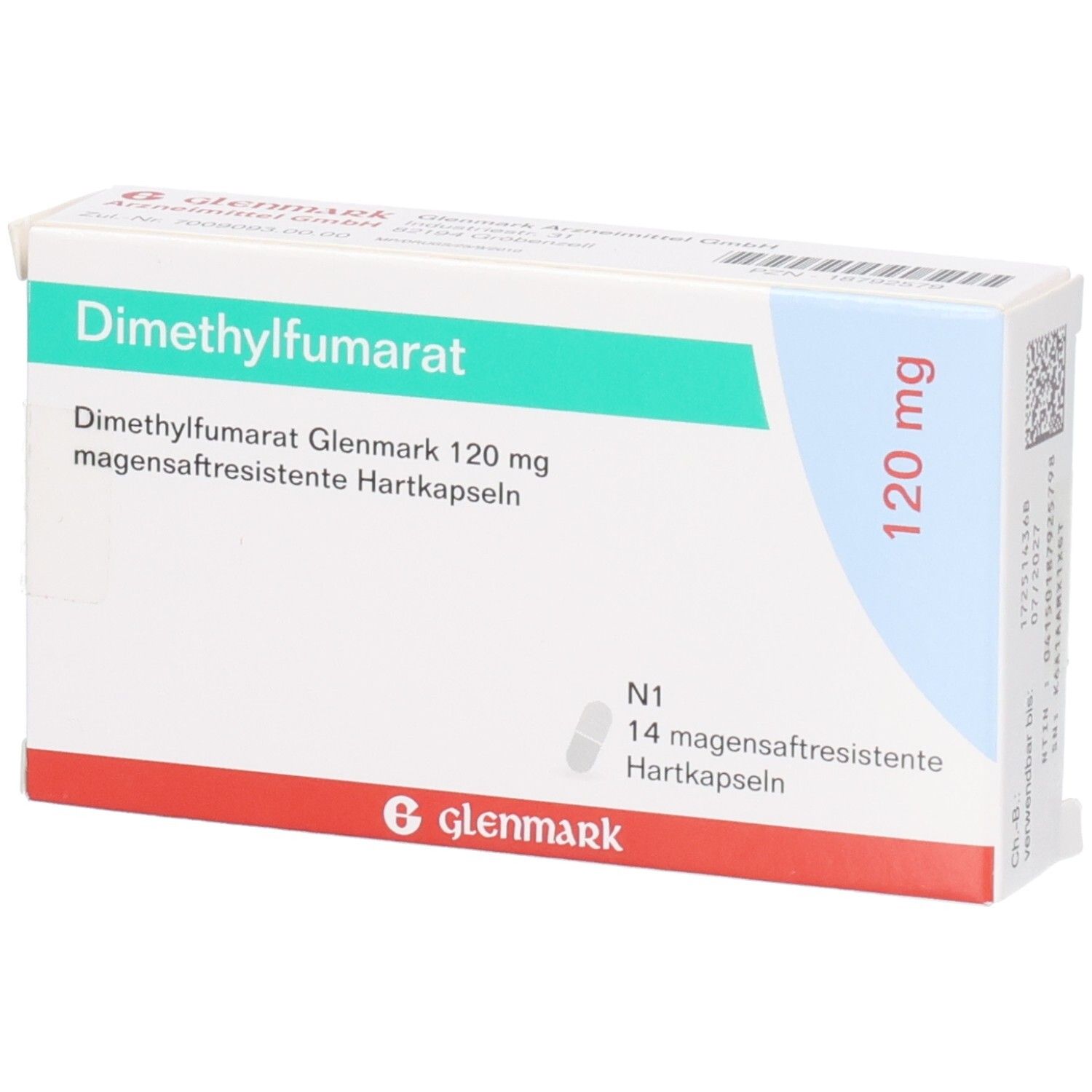 Schachtel mit Dimethylfumarat Glenmark 120 mg. Aufschrift: magensaftresistente Hartkapseln. Marke Glenmark. 14 Kapseln.