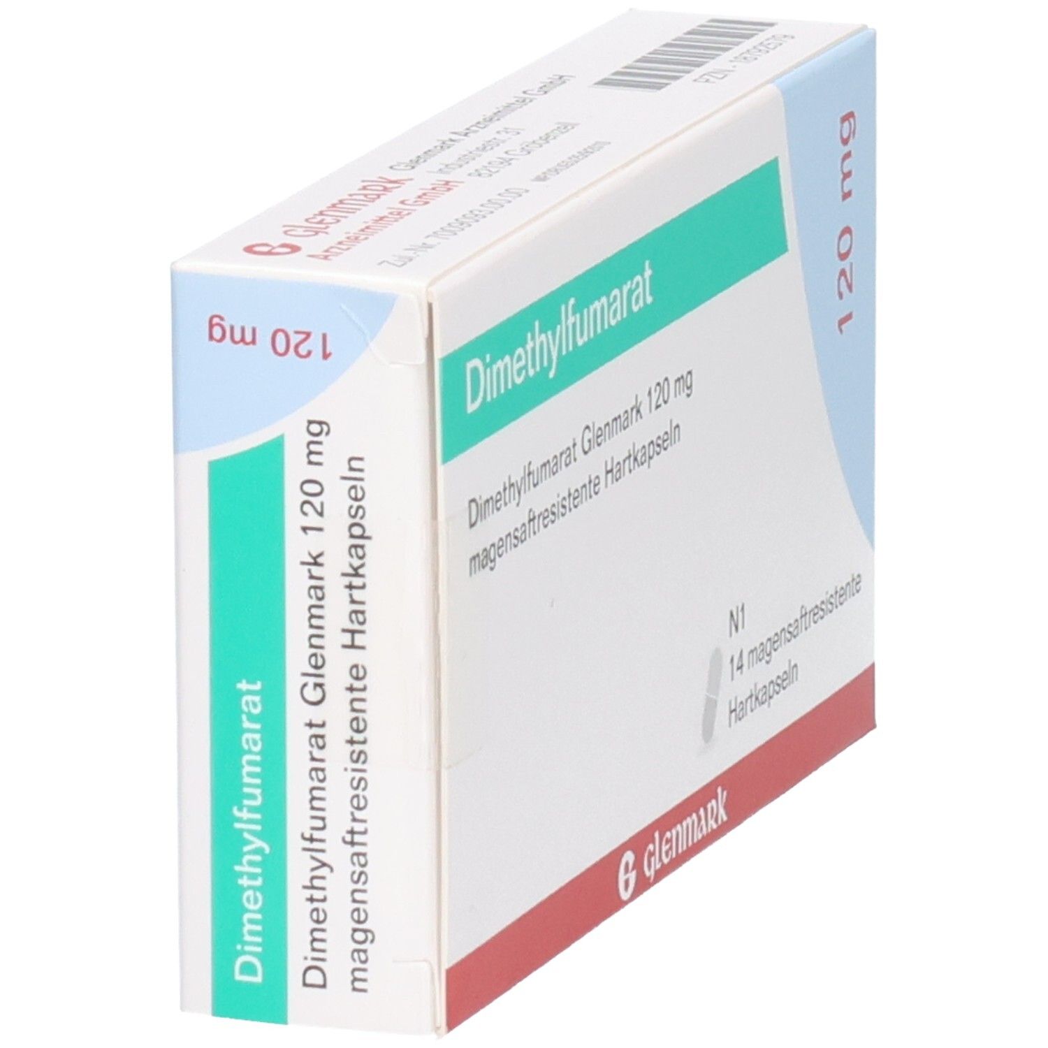 Schachtel Dimethylfumarat Glenmark 120 mg. Aufschrift: magensaftresistente Hartkapseln. Marke Glenmark. 14 Kapseln. Ansicht schräg.