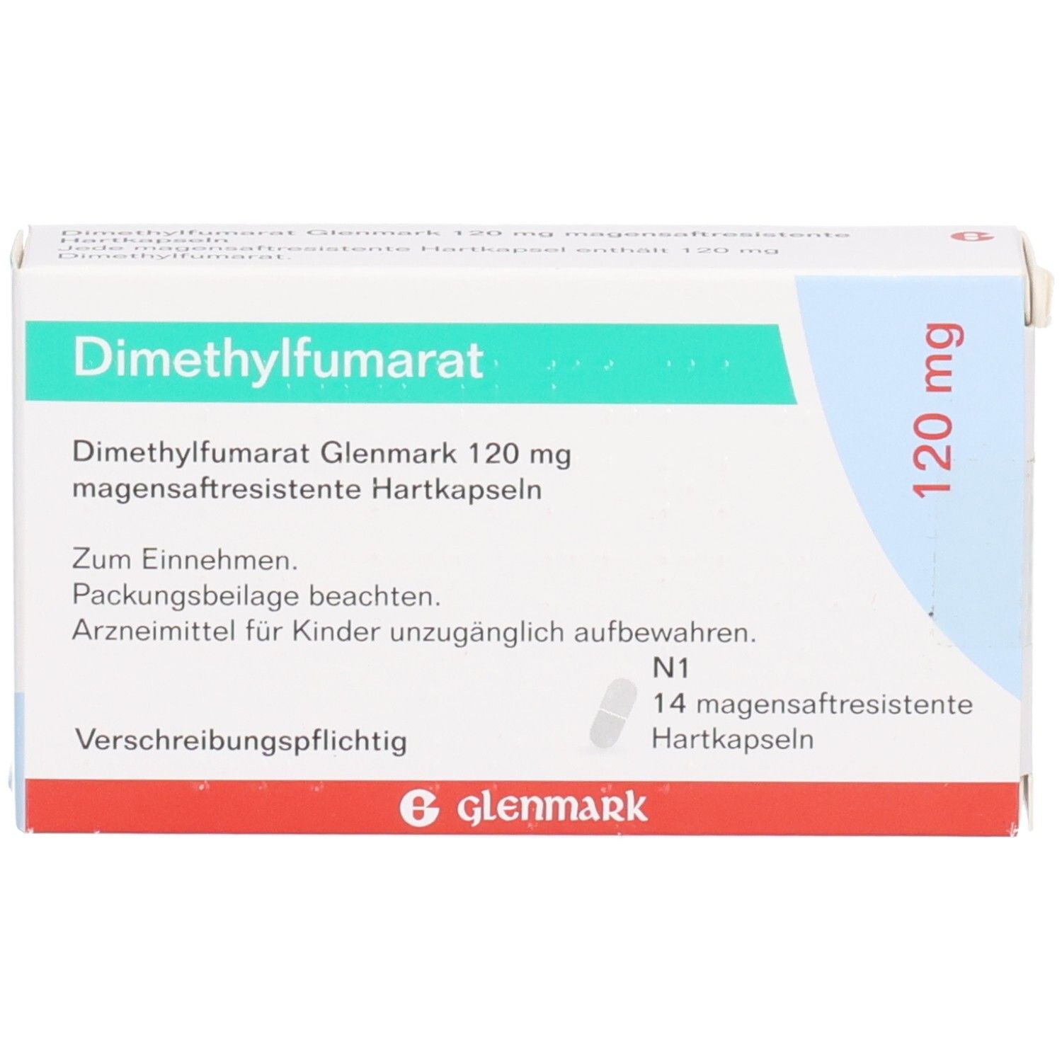 Schachtel mit Dimethylfumarat Glenmark 120 mg. Aufschrift: magensaftresistente Hartkapseln. Marke Glenmark. 14 Kapseln.