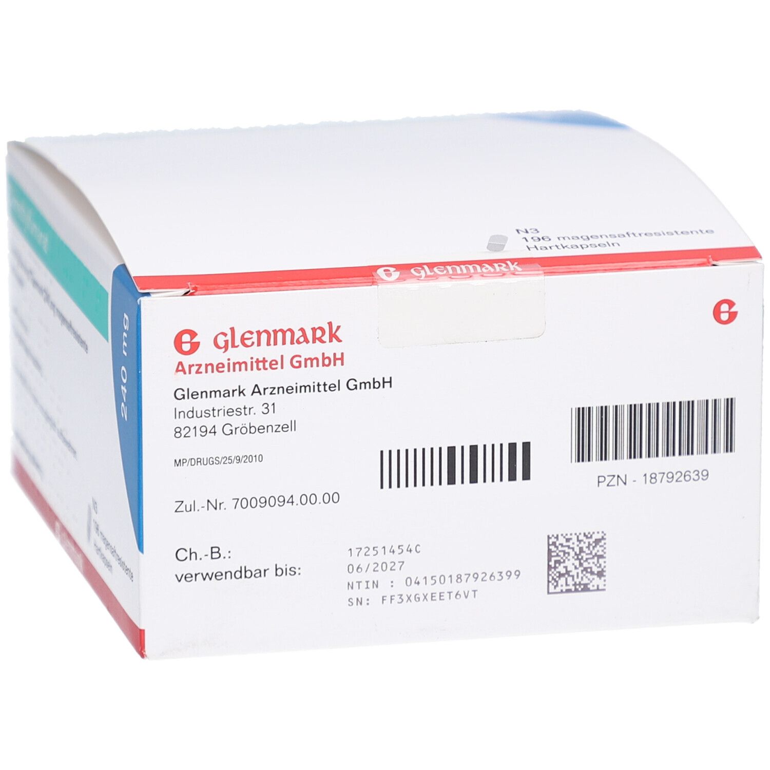 Weiße Faltschachtel mit blauen und grünen Akzenten. Aufdrucke: Glenmark, Arzneimittel GmbH, 240 mg, PZN-18792639, Verfallsdatum.