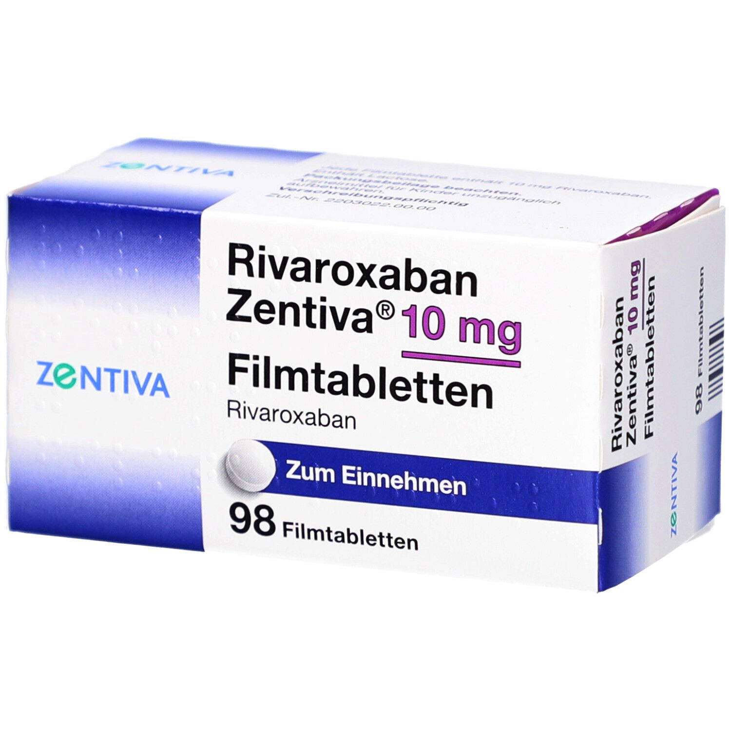 Schachtel mit Rivaroxaban Zentiva 10 mg Filmtabletten. Weiße Schachtel mit blauen und violetten Akzenten. 98 Filmtabletten.