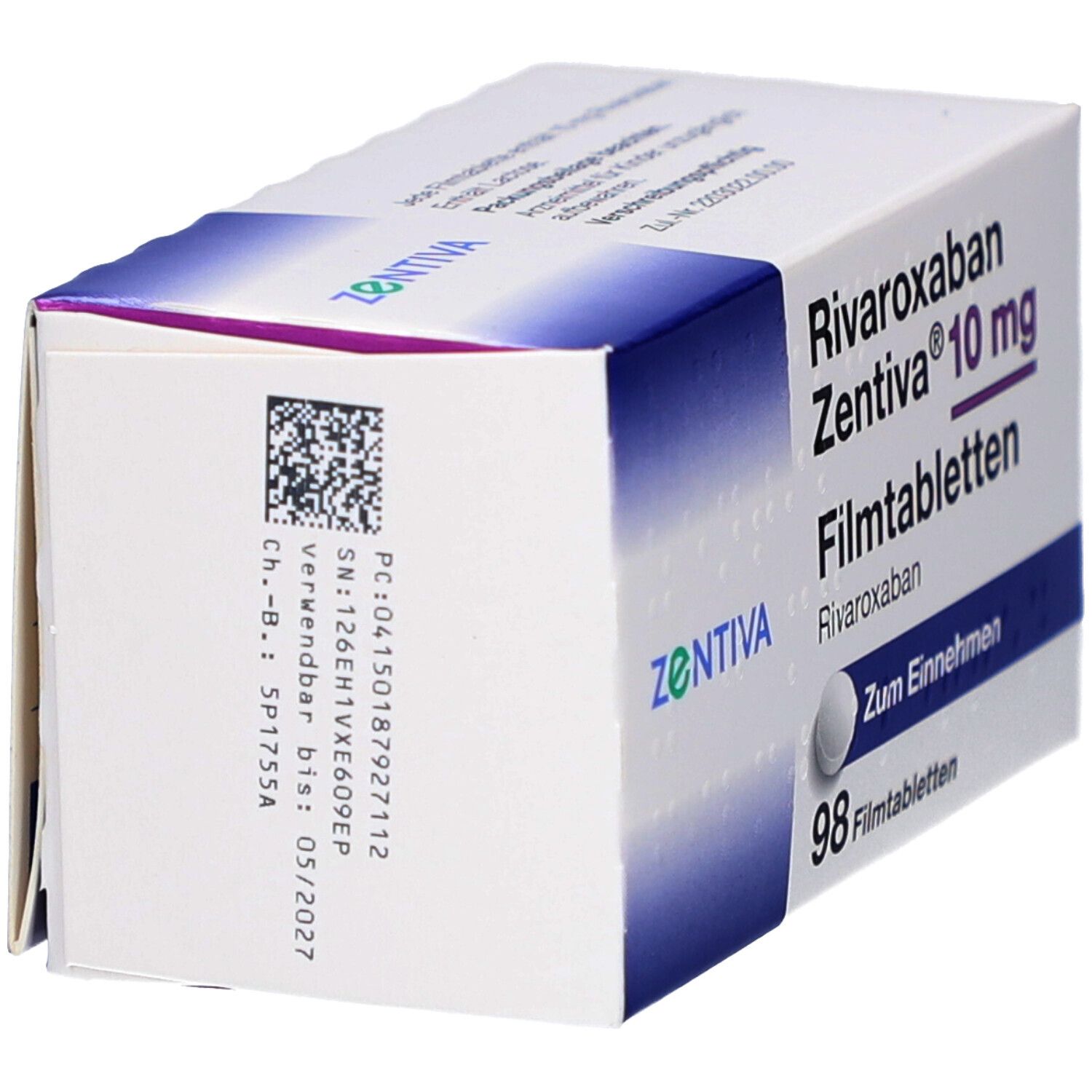 Seitenansicht der Schachtel mit Rivaroxaban Zentiva 10 mg Filmtabletten. Weiße Schachtel mit Text und Barcode. Verfallsdatum.