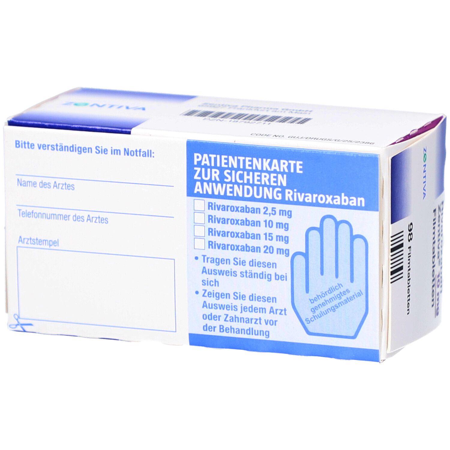 Schachtel mit Rivaroxaban Zentiva 10 mg Filmtabletten. Rückseite mit Patientenkarte. Hand-Symbol und Text.