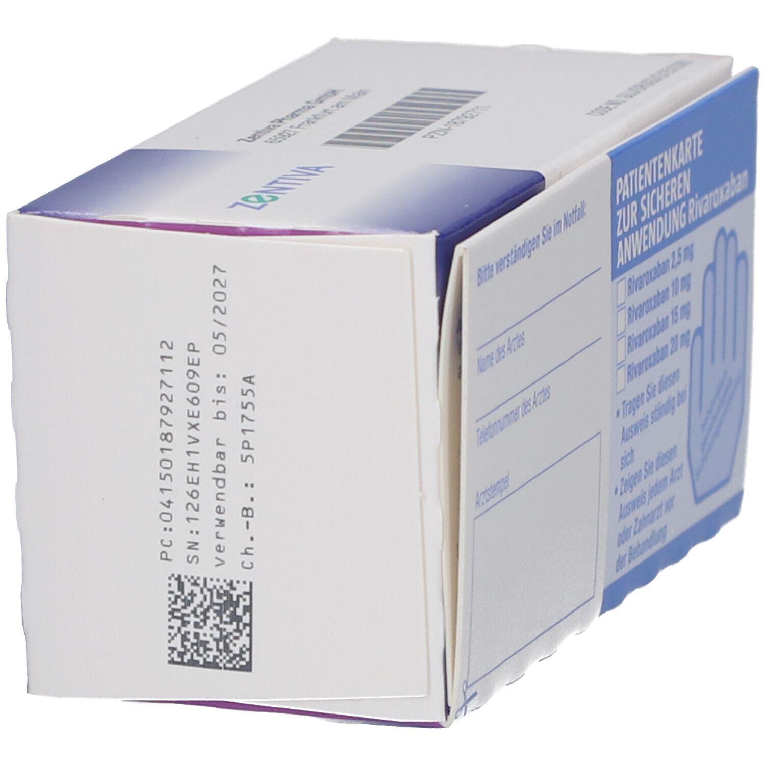 Schachtel mit Rivaroxaban Zentiva 10 mg Filmtabletten. Rückseite mit Patientenkarte und Text. Verfallsdatum.