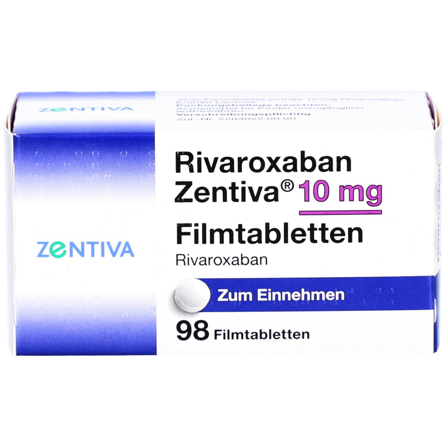 Schachtel mit Rivaroxaban Zentiva 10 mg Filmtabletten. Weiße Schachtel mit Text und einer Tablette. 98 Filmtabletten.