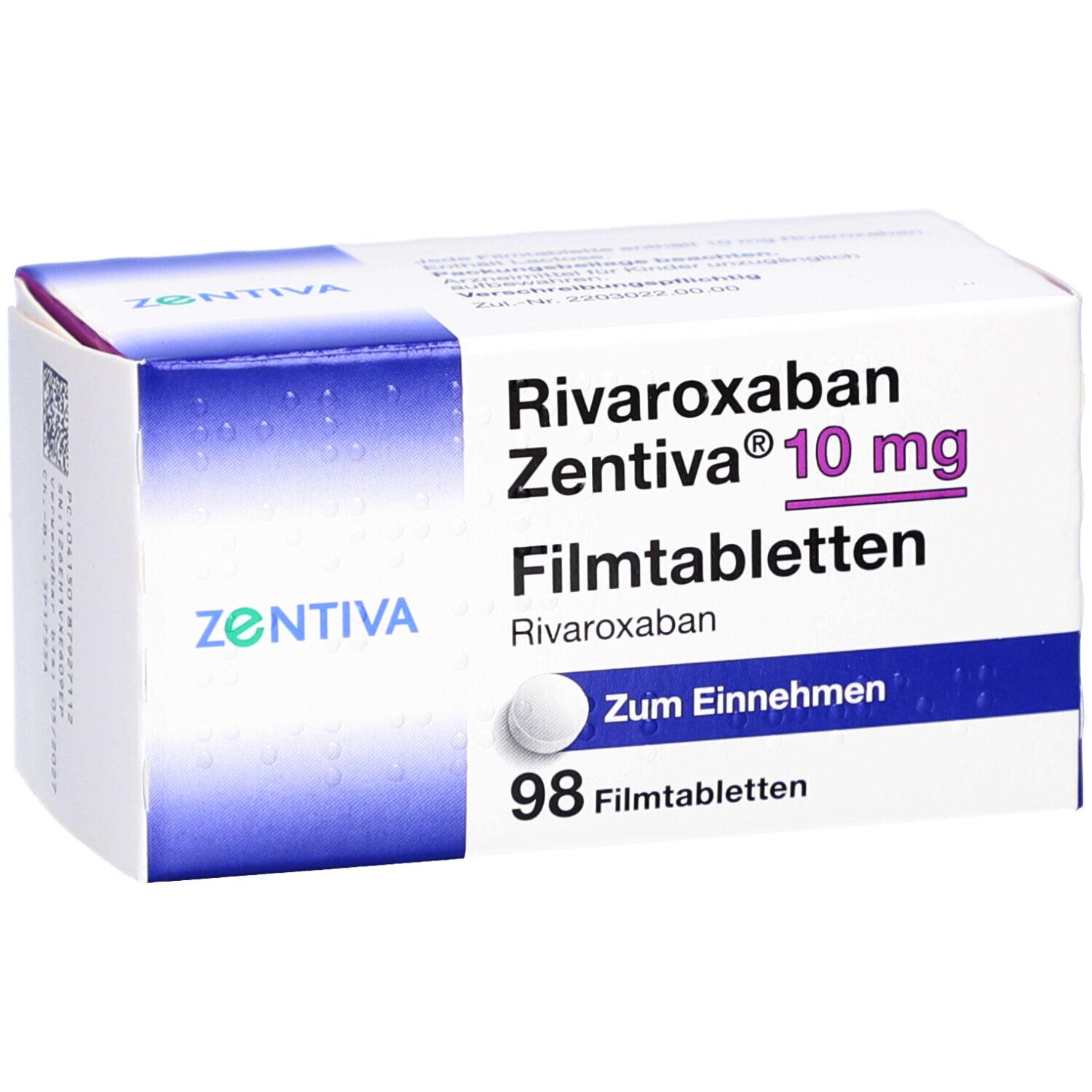 Schachtel mit Rivaroxaban Zentiva 10 mg Filmtabletten. Weiße Schachtel mit Text und einer Tablette. 98 Filmtabletten.