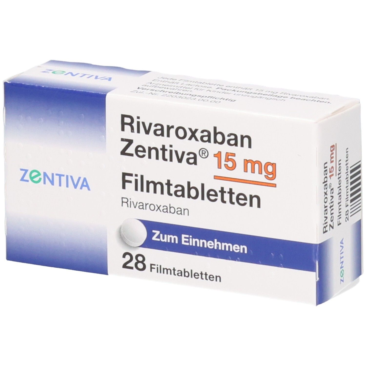 Schachtel mit Rivaroxaban Zentiva 15 mg Filmtabletten. Weiße Schachtel mit blauen Akzenten. Enthält 28 Tabletten.