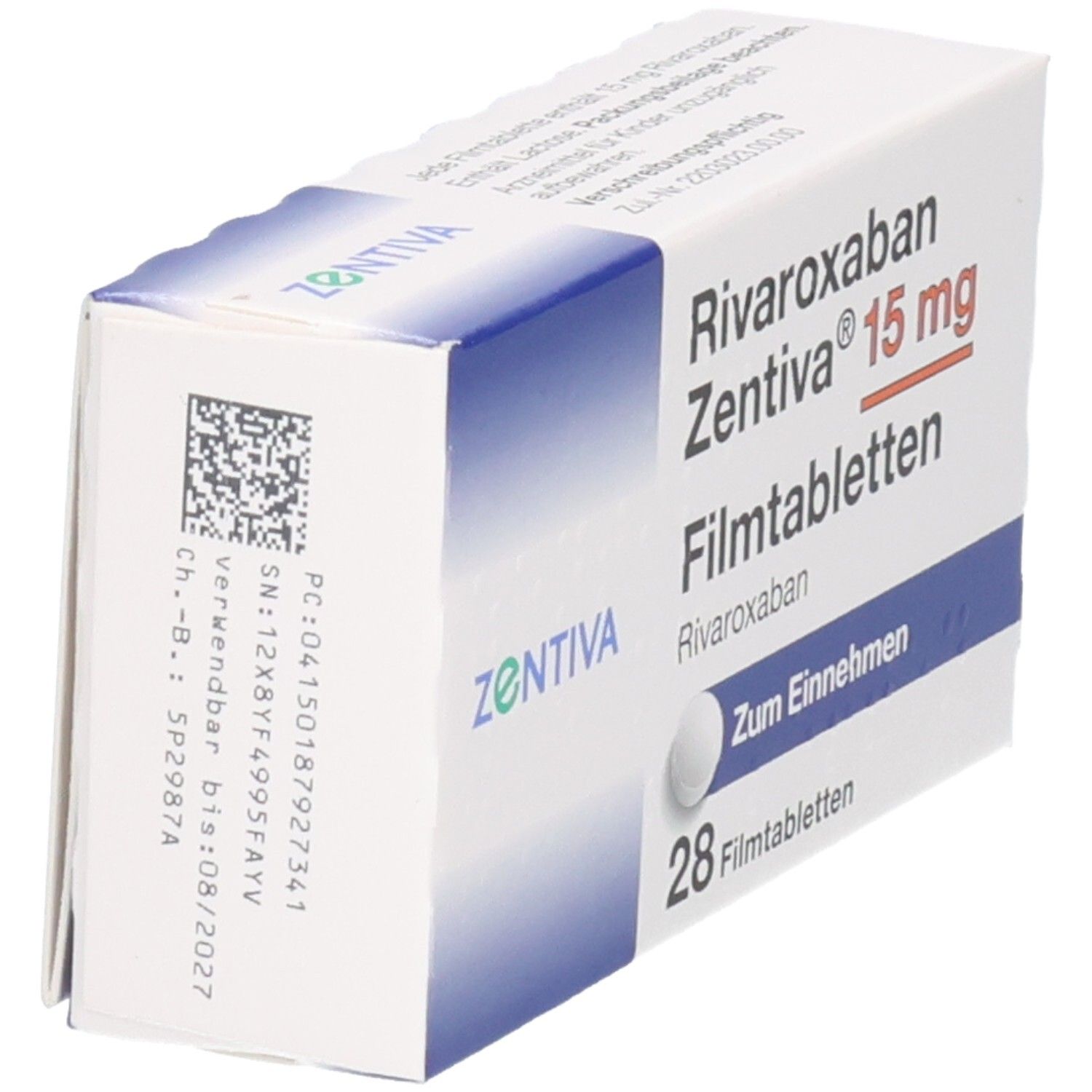 Schachtel Rivaroxaban Zentiva 15 mg. Weiße Schachtel mit blauen Akzenten. Barcode und Verfallsdatum sichtbar.