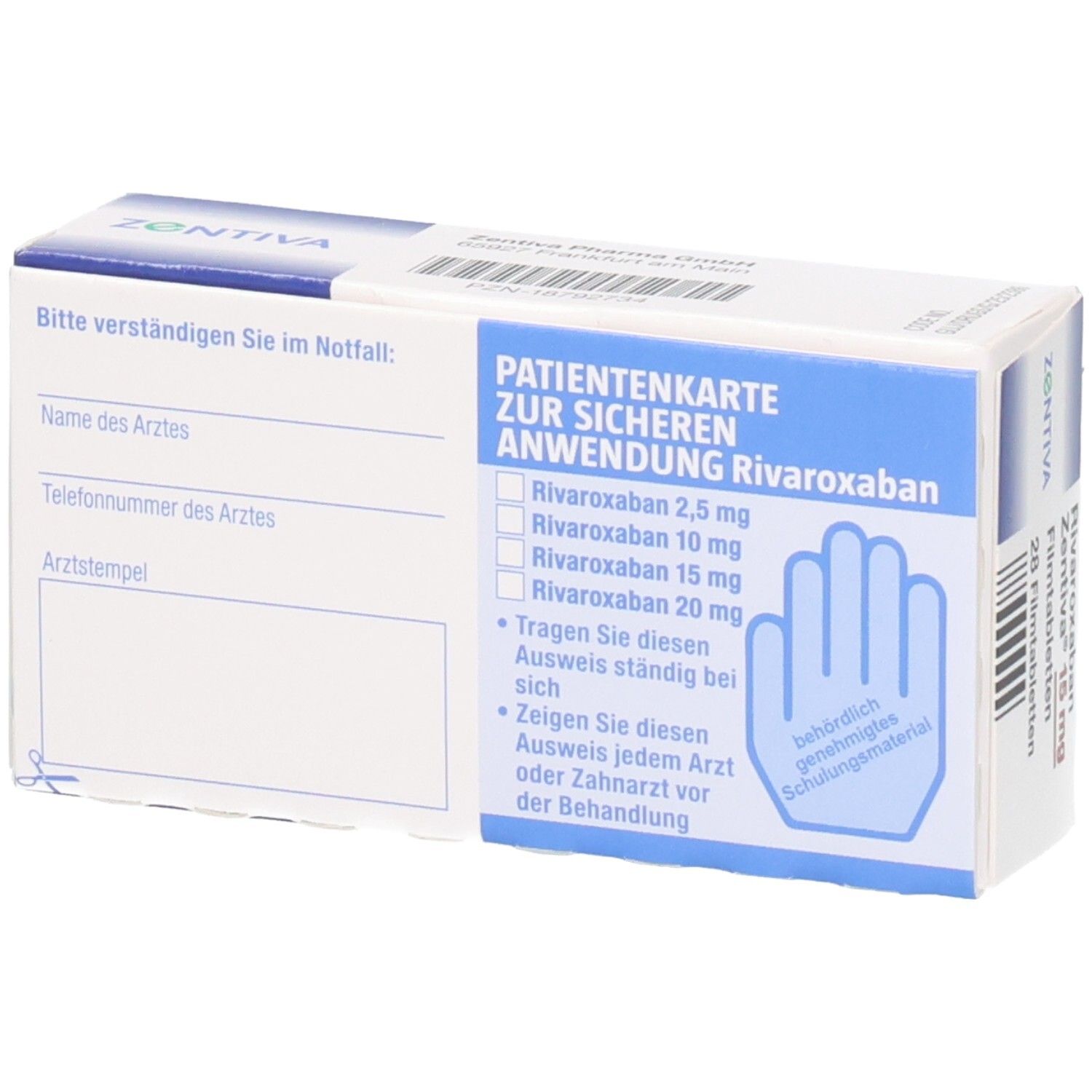 Rivaroxaban Zentiva 15 mg Schachtel mit Patientenkarte. Karte mit Informationen zur sicheren Anwendung.