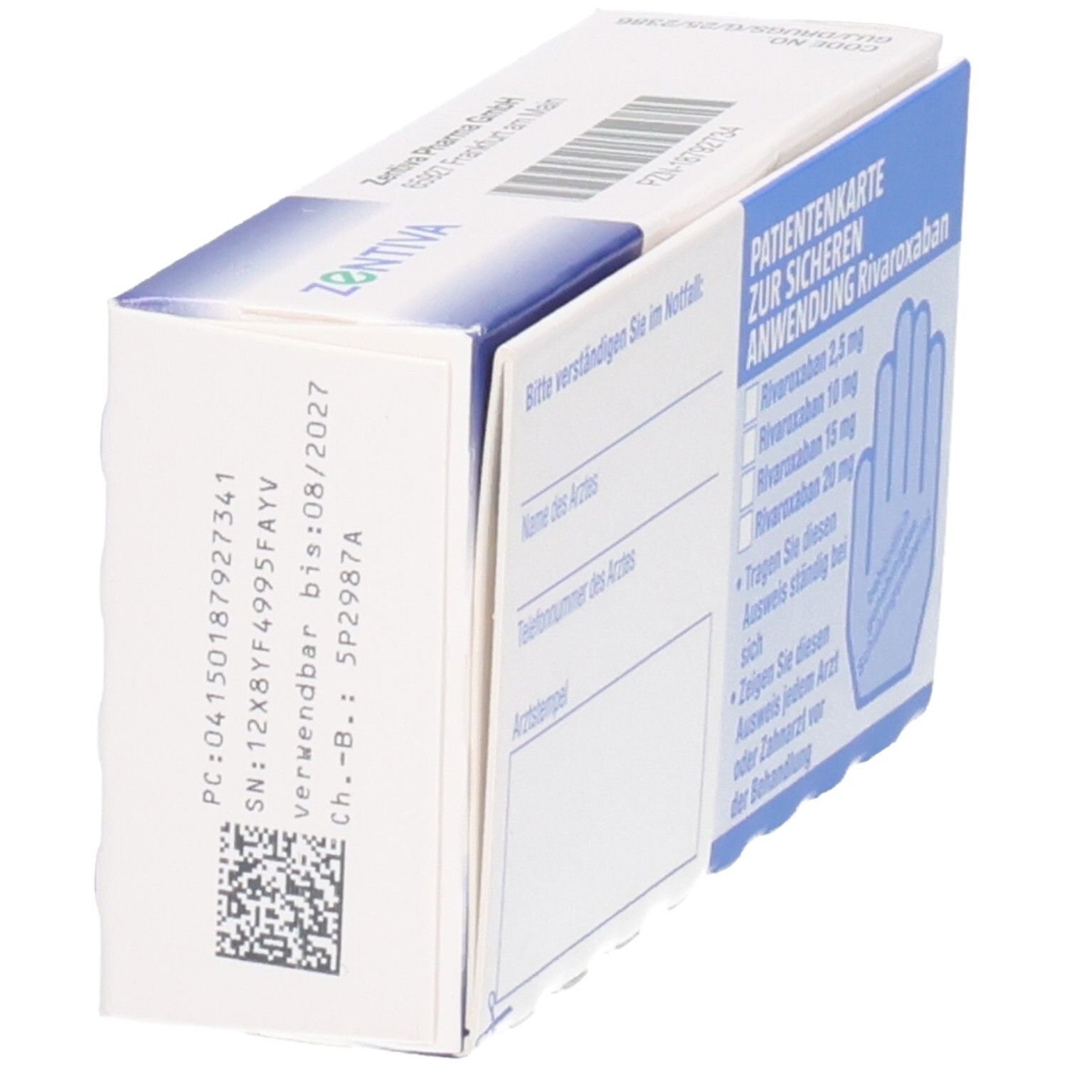 Rivaroxaban Zentiva 15 mg Schachtel mit ausgeklappter Patientenkarte. Karte mit Informationen zur sicheren Anwendung.