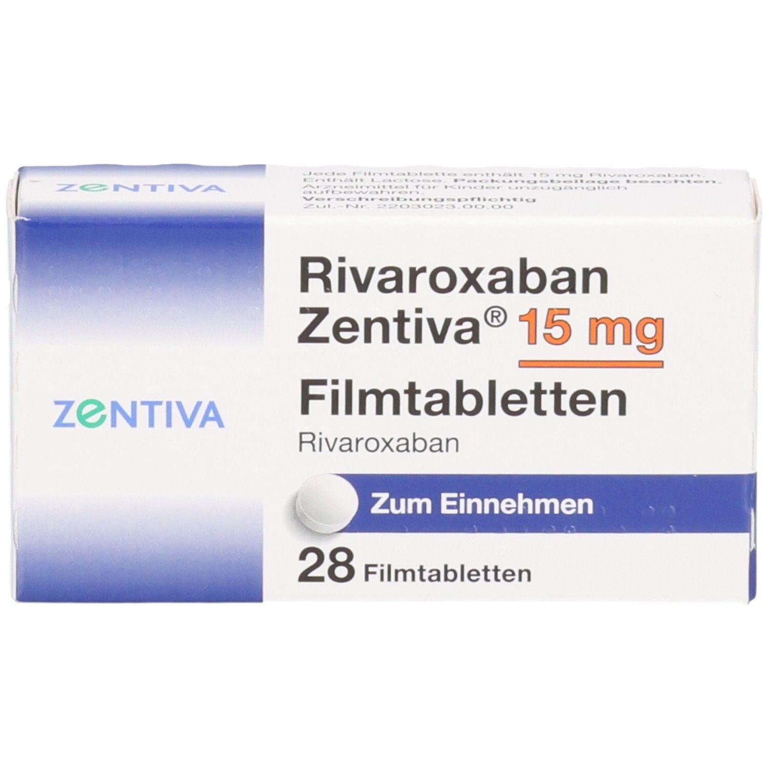 Schachtel Rivaroxaban Zentiva 15 mg Filmtabletten. Weiße Schachtel mit blauen Akzenten. 28 Tabletten.