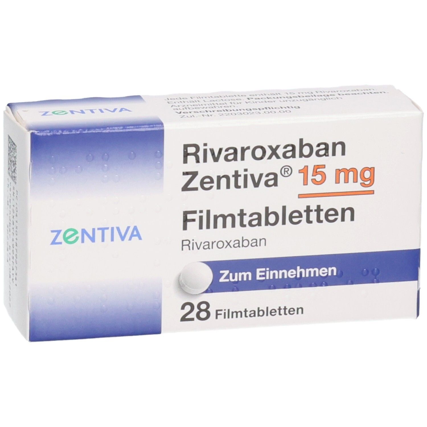 Schachtel Rivaroxaban Zentiva 15 mg Filmtabletten. Weiße Schachtel mit blauen Akzenten. 28 Tabletten.