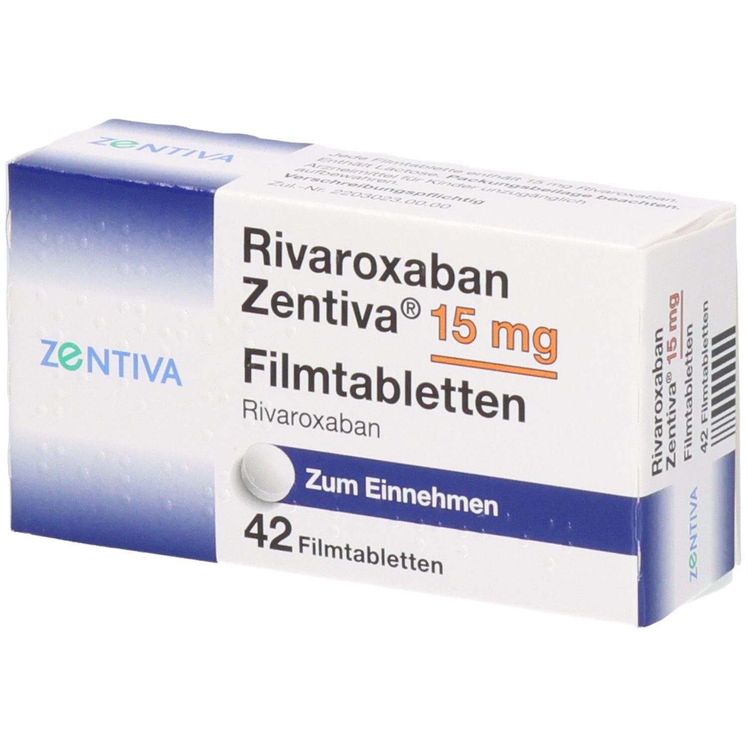 Schachtel mit RIVAROXABAN Zentiva 15 mg Filmtabletten. 42 Tabletten. Weiße Tablette abgebildet. Blaue und weiße Verpackung.