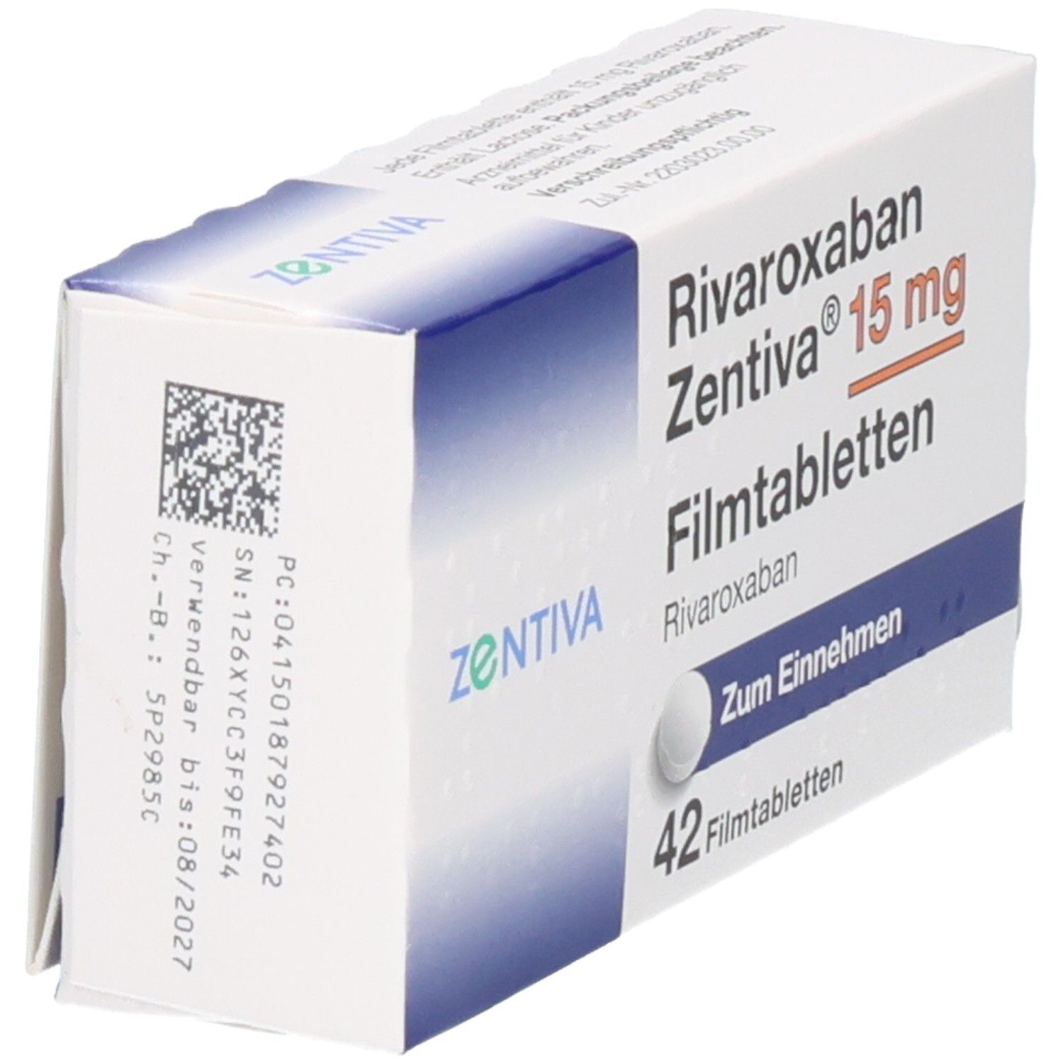 Schachtel RIVAROXABAN Zentiva 15 mg Filmtabletten. 42 Tabletten. QR-Code und Chargennummer. Blaue und weiße Verpackung.