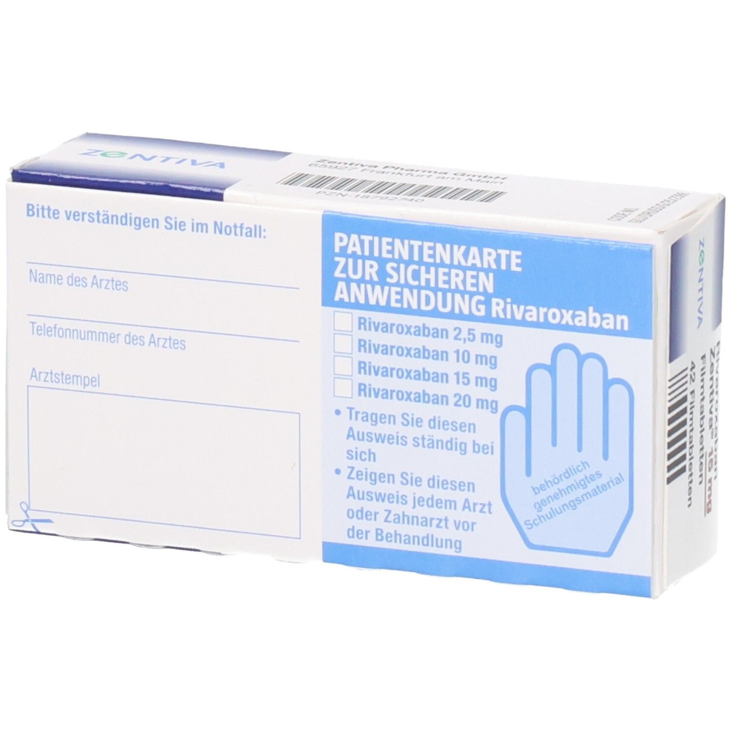 Schachtel RIVAROXABAN Zentiva. Patientenkarte zur sicheren Anwendung. Hand-Symbol. Blaue und weiße Verpackung.