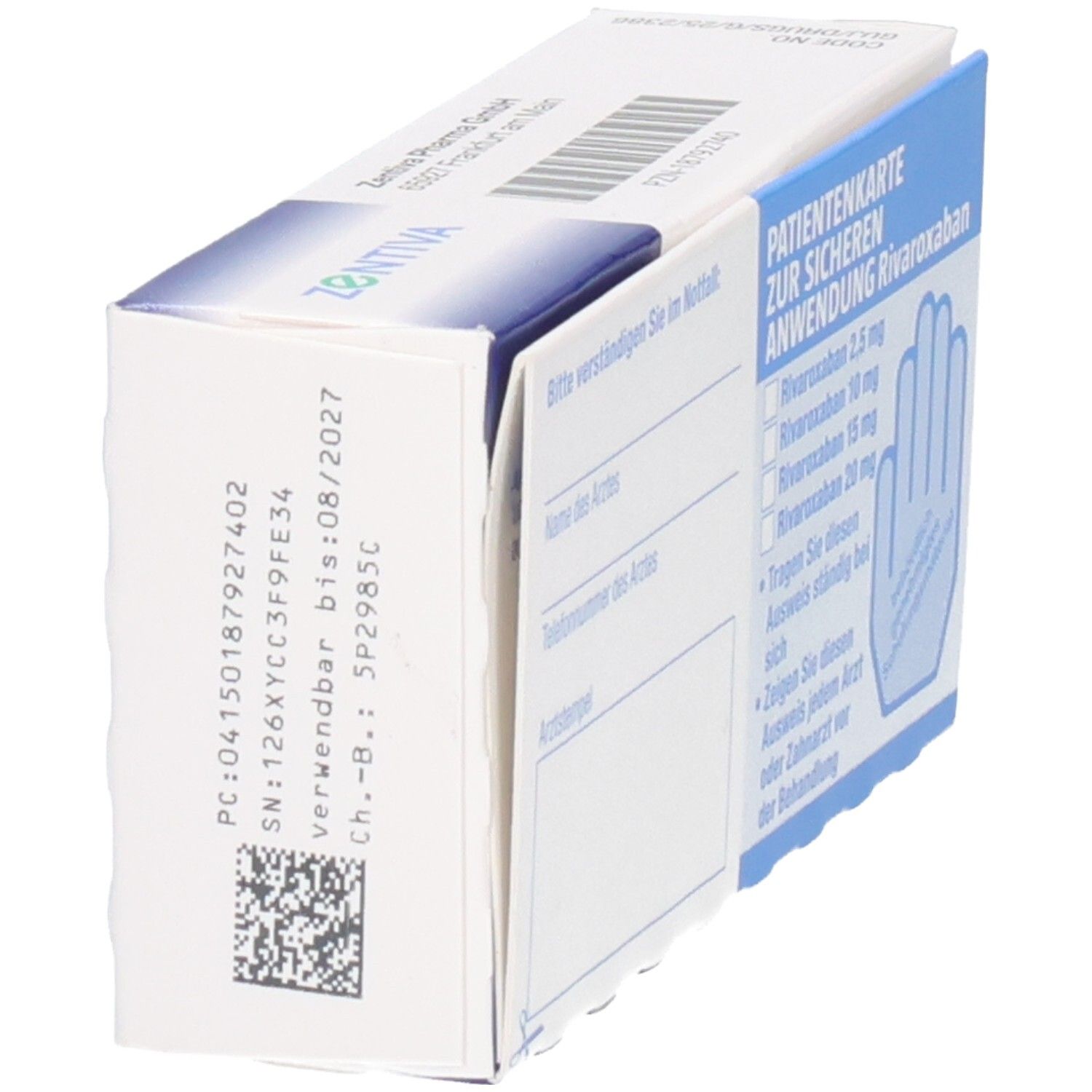 Schachtel RIVAROXABAN Zentiva. Patientenkarte zur sicheren Anwendung. Hand-Symbol. Blaue und weiße Verpackung.
