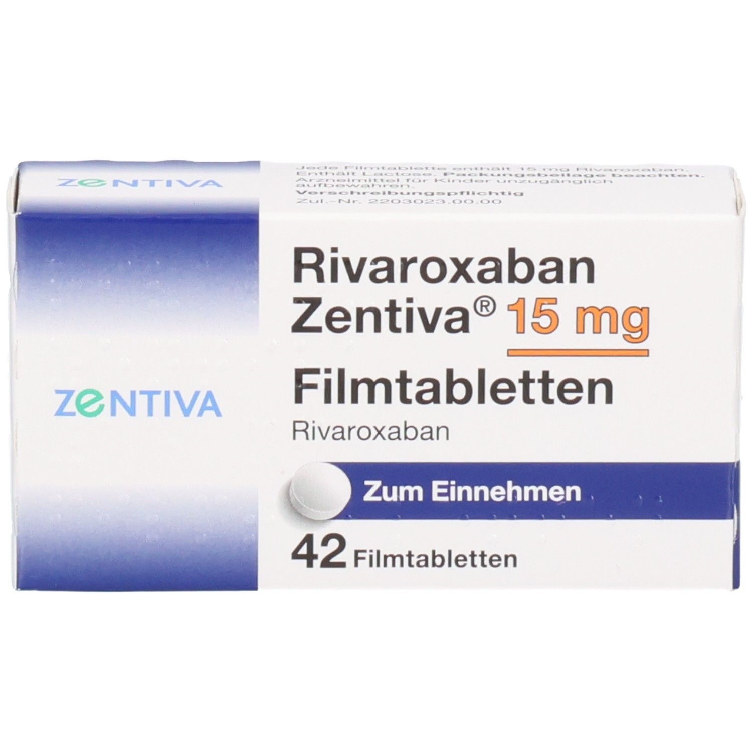 Schachtel RIVAROXABAN Zentiva 15 mg Filmtabletten. 42 Tabletten. Weiße Tablette abgebildet. Blaue und weiße Verpackung.