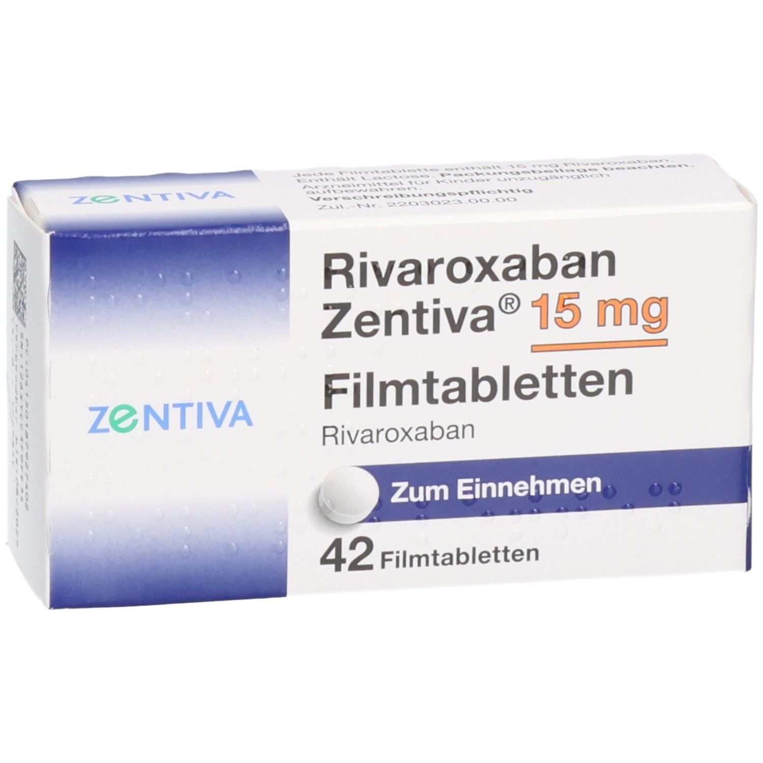 Schachtel RIVAROXABAN Zentiva 15 mg Filmtabletten. 42 Tabletten. Weiße Tablette abgebildet. Blaue und weiße Verpackung.